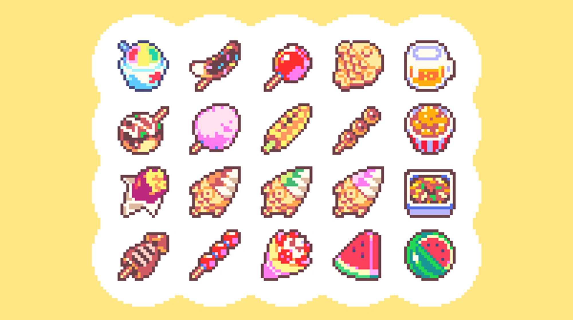 it's pixel art of various matsuri festival foods, including shave ice, takoyaki, candy apple, watermelon, and a frosty cold one