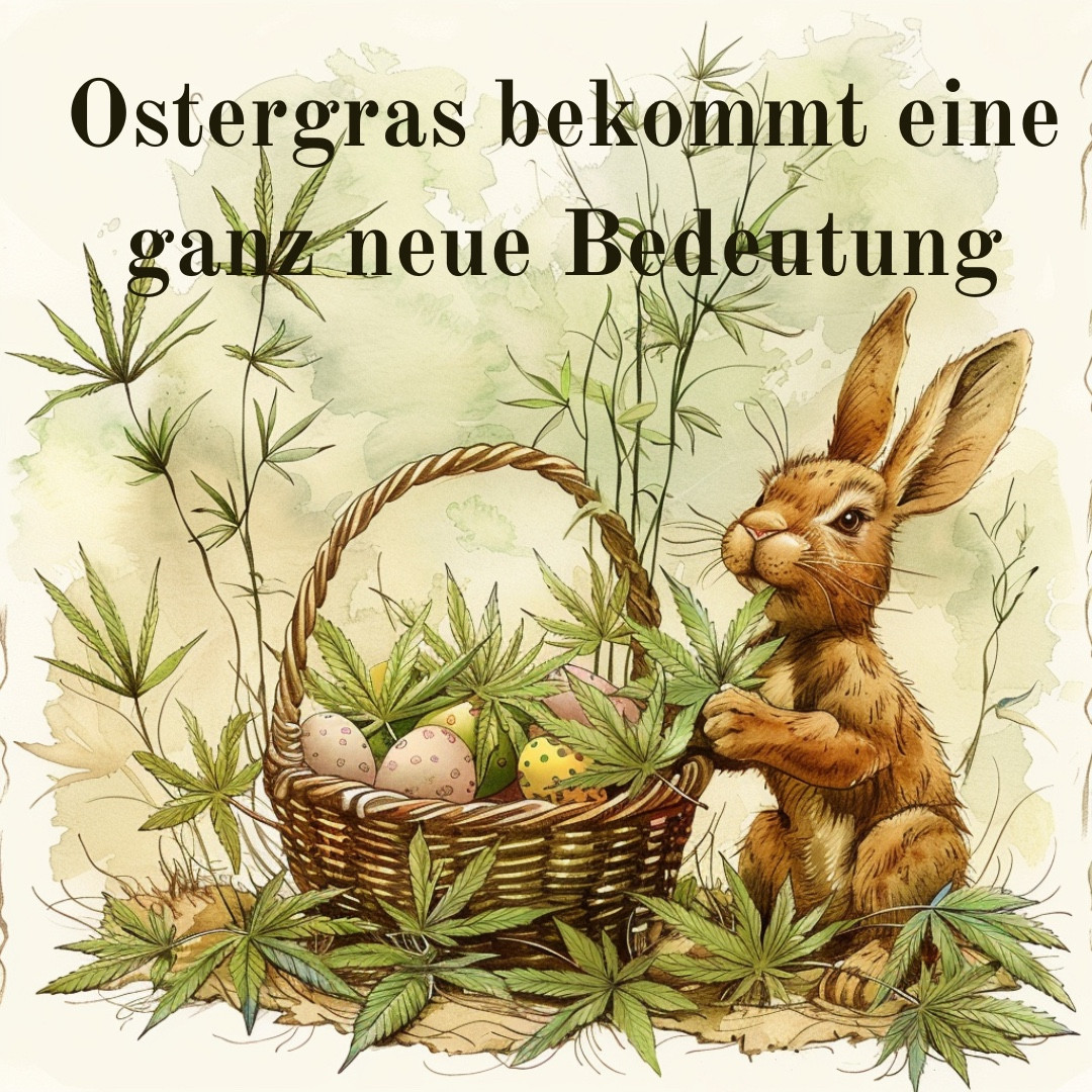 Ein Osterhase neben einem Osterkörbchen, dass bunte Ostereier und Cannabisblätter statt Ostergras enthält. Er schnuppert an einem Cannabisblatt.