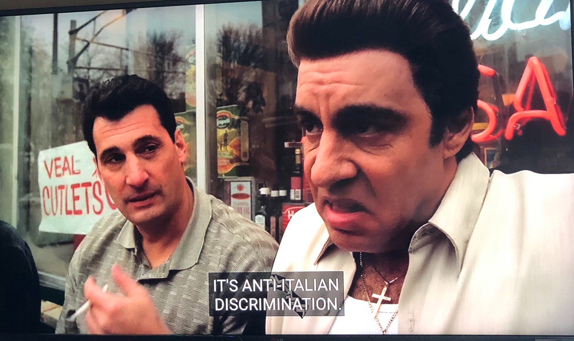 screenshot of an episode of the sopranos with silvio saying "it's anti-italian discrimination"