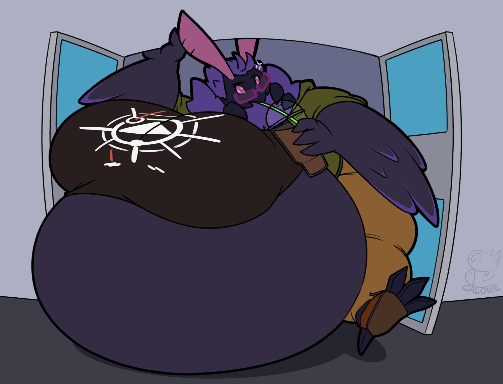 A very bloated, chunky moffman, slurping from a cola slushie. They are mildly annoyed that they are stuck in the double door they were trying to pass through, just big enough they're getting wedged in.