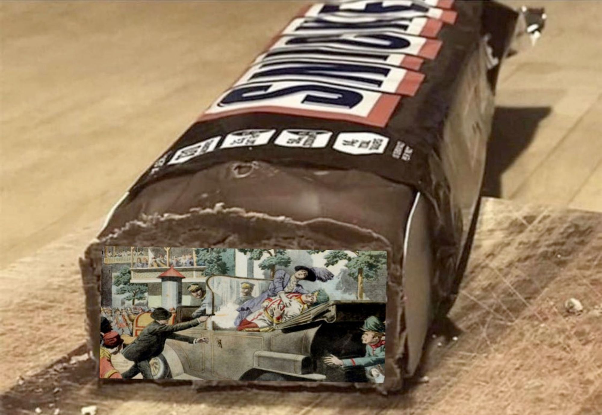 "check your kids halloween candy. my cousin found the assassination of archduke franz ferdinand in sarajevo by serbian nationalist gavrilo princip inside a snickers bar." @rad_milk on Twitter. Oct 18, 2021.