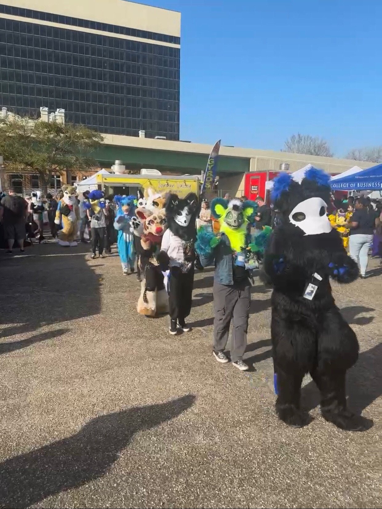 A long conga-line of fursuiters that circles out of view. Luki can't raise his arms above his chest due do severely overheating.