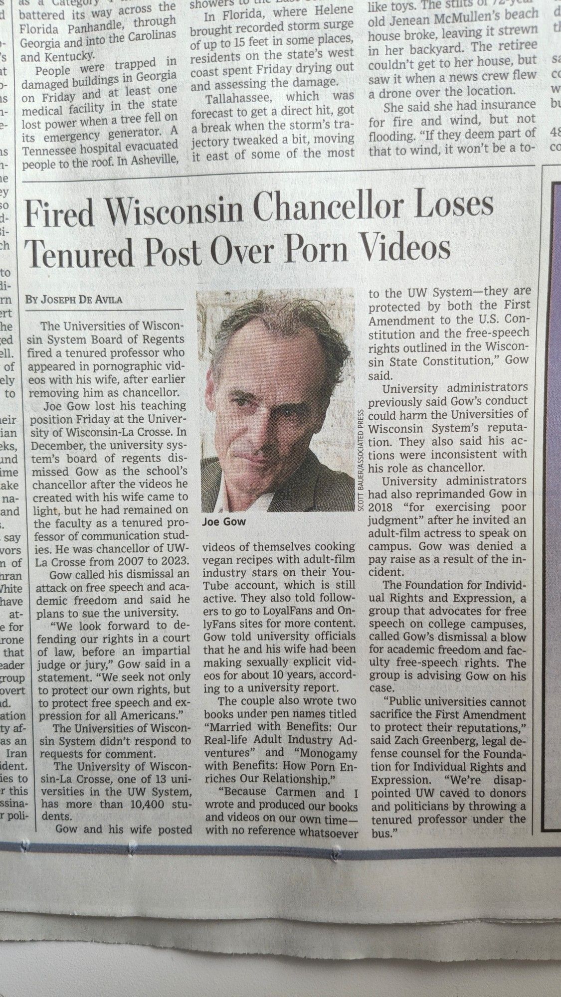 Photo of article from 9/28/24 WSJ called "Fired Wisconsin Chancellor Loses Tenured Post Over Porn Videos"