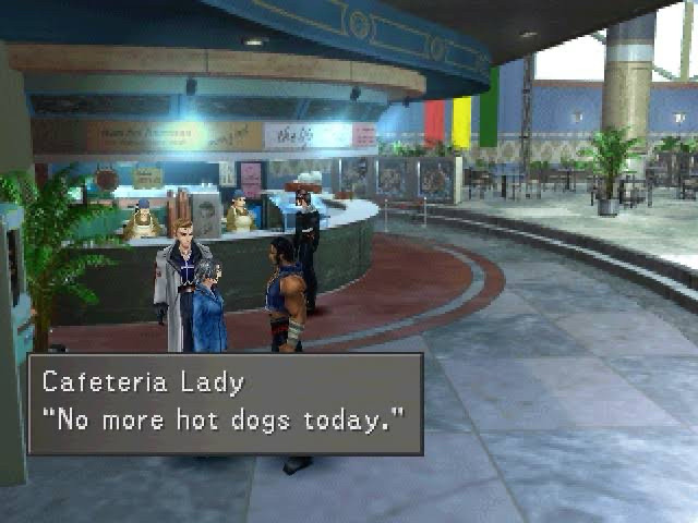 A screenshot from Final Fantasy VIII aka the best one. The Cafeteria Lady informs Squall that there are no more hot dogs today, as Seifer, Fujin and Raijin look on