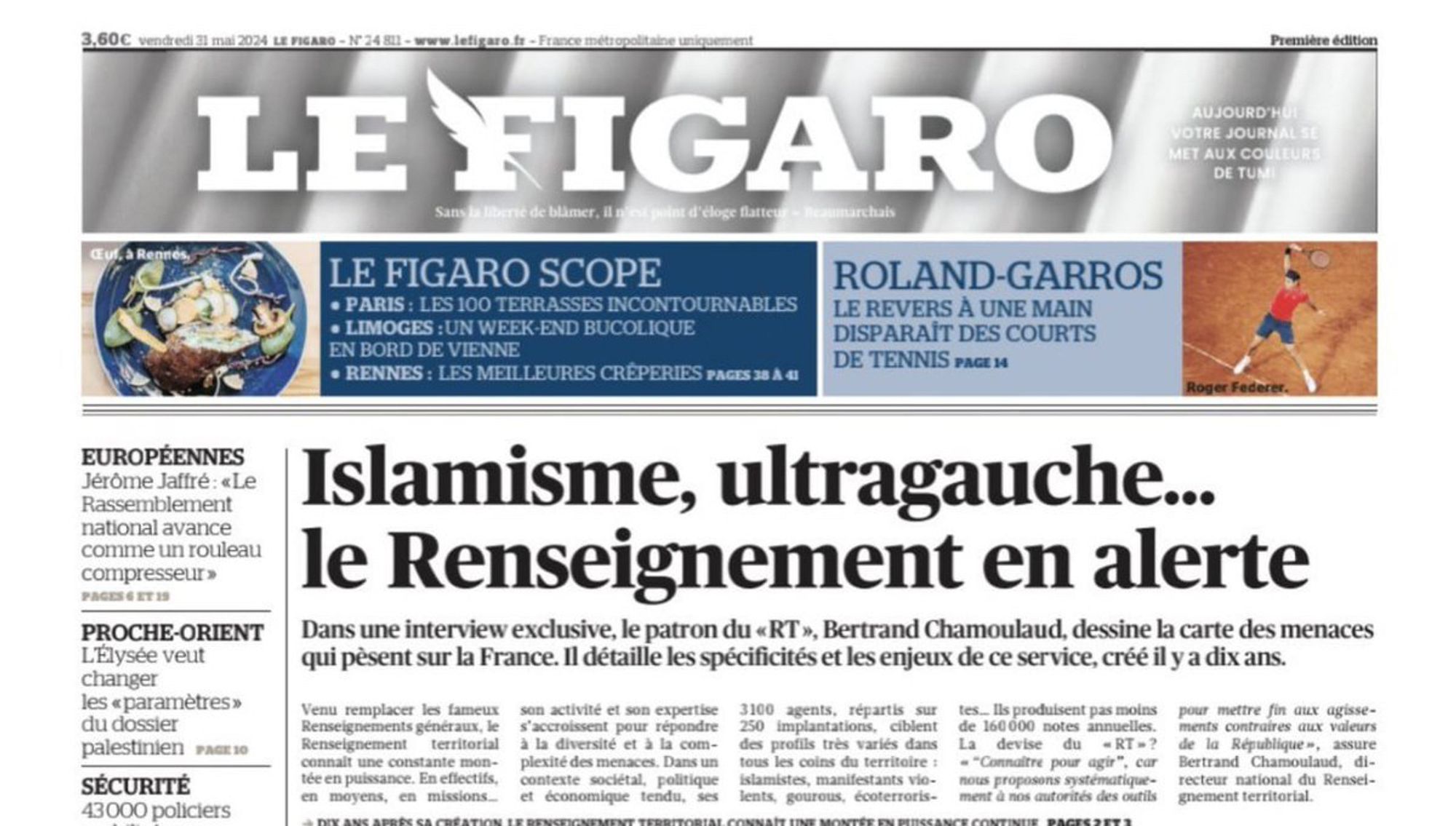 Une du figaro : Islamisme, ultragauche... le Renseignement en alerte