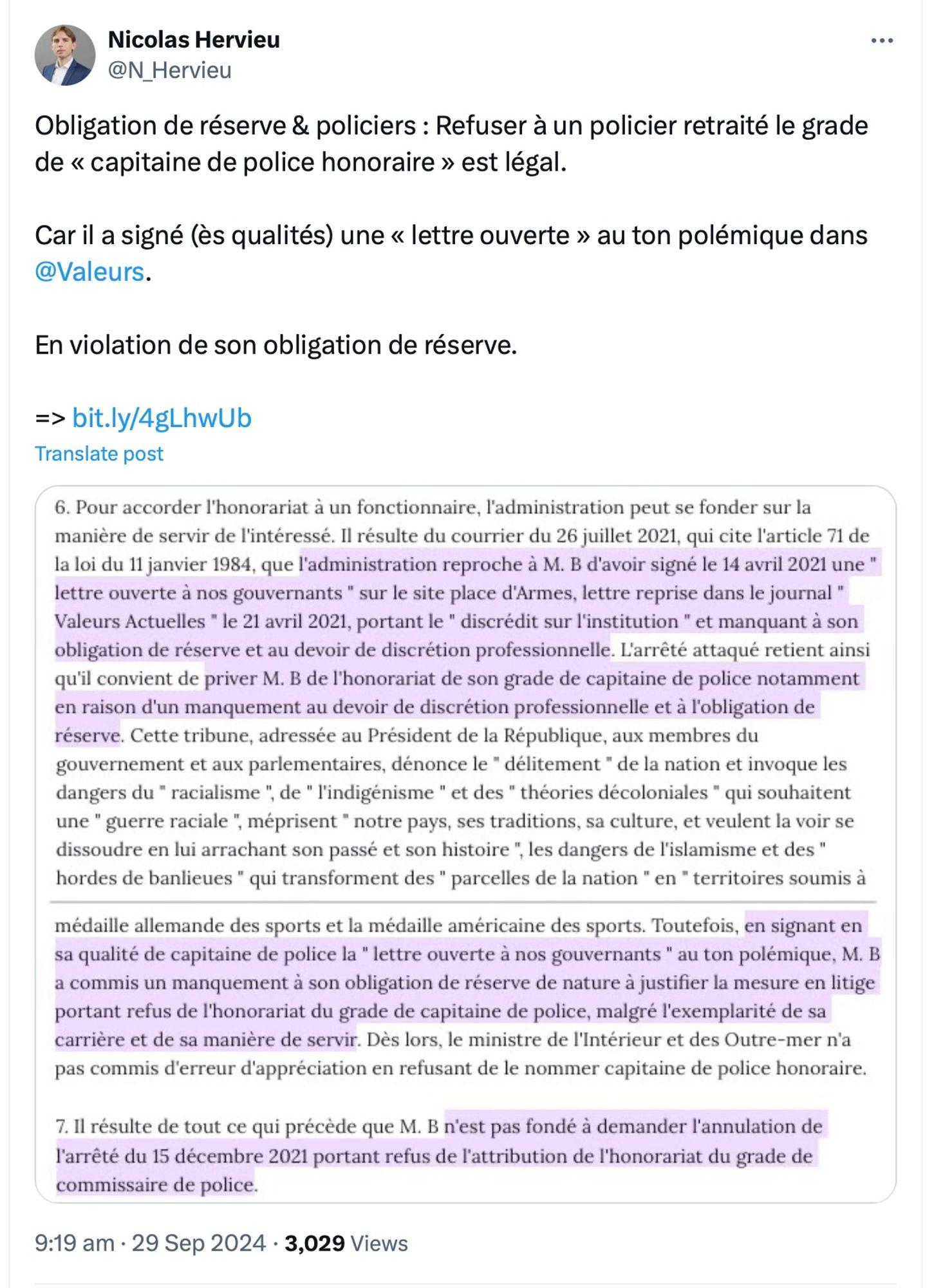 Obligation de réserve & policiers : Refuser à un policier retraité le grade de « capitaine de police honoraire » est légal.

Car il a signé (ès qualités) une « lettre ouverte » au ton polémique dans 
@Valeurs
.

En violation de son obligation de réserve.

=> https://bit.ly/4gLhwUb