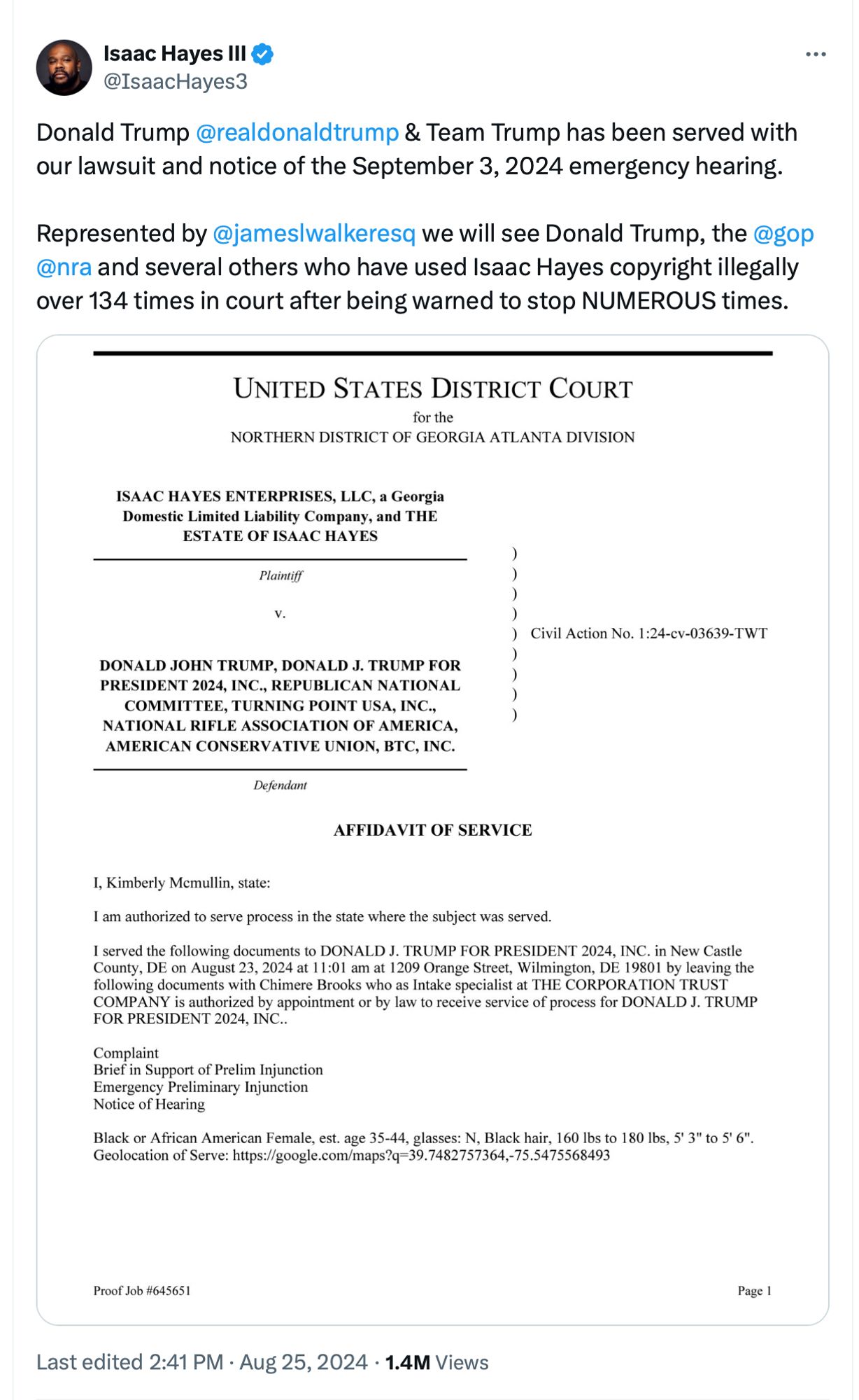 Tweet du fils d'Isaac Hayes qui annonce la date du procès le 3 septembre, documents judiciaires attachés