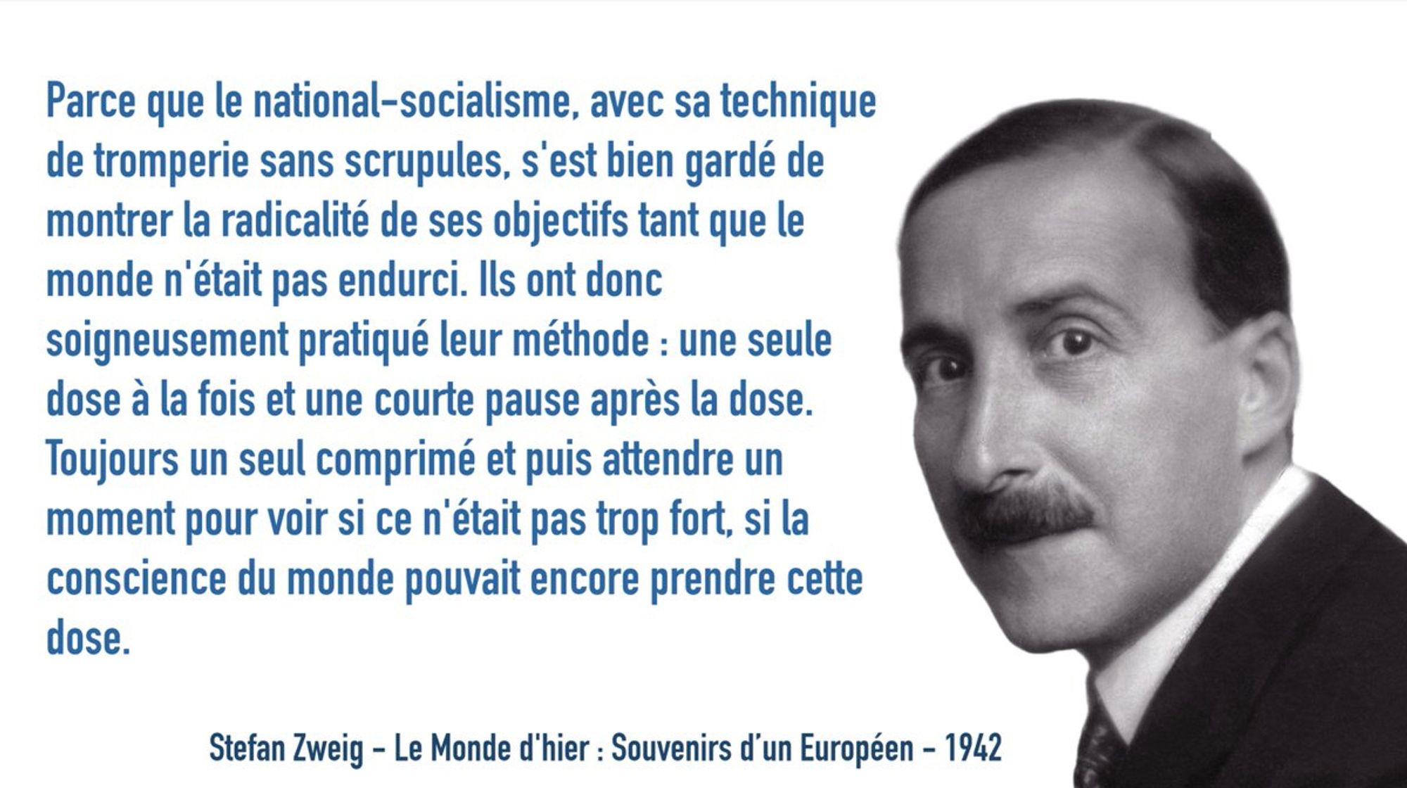 Parce que le national-socialisme, avec sa technique de tromperie sans scrupules, s'est bien gardé de montrer la radicalité de ses objectifs tant que le monde n'était pas endurci. Ils ont donc soigneusement pratiqué leur méthode : une seule dose à la fois et une courte pause après la dose. Toujours un seul comprimé et puis attendre un moment pour voir si ce n'était pas trop fort, si la conscience du monde pouvait encore prendre cette dose.
Stefan Zweig - Le Monde d'hier : Souvenirs d’un Européen - 1942