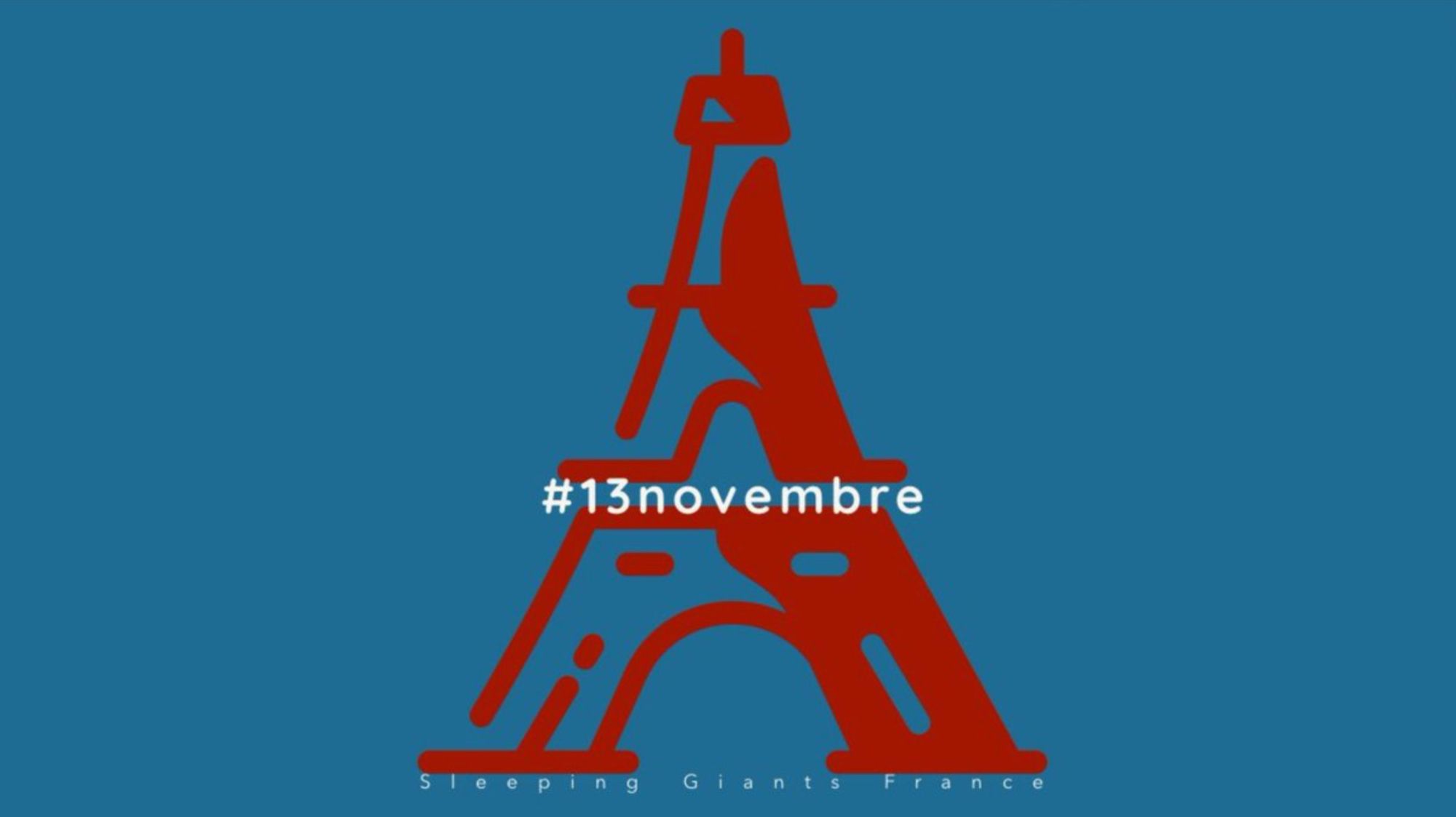 Fond bleu, Pictogramme de la Tour Eiffel en rouge, inscription #13novembre