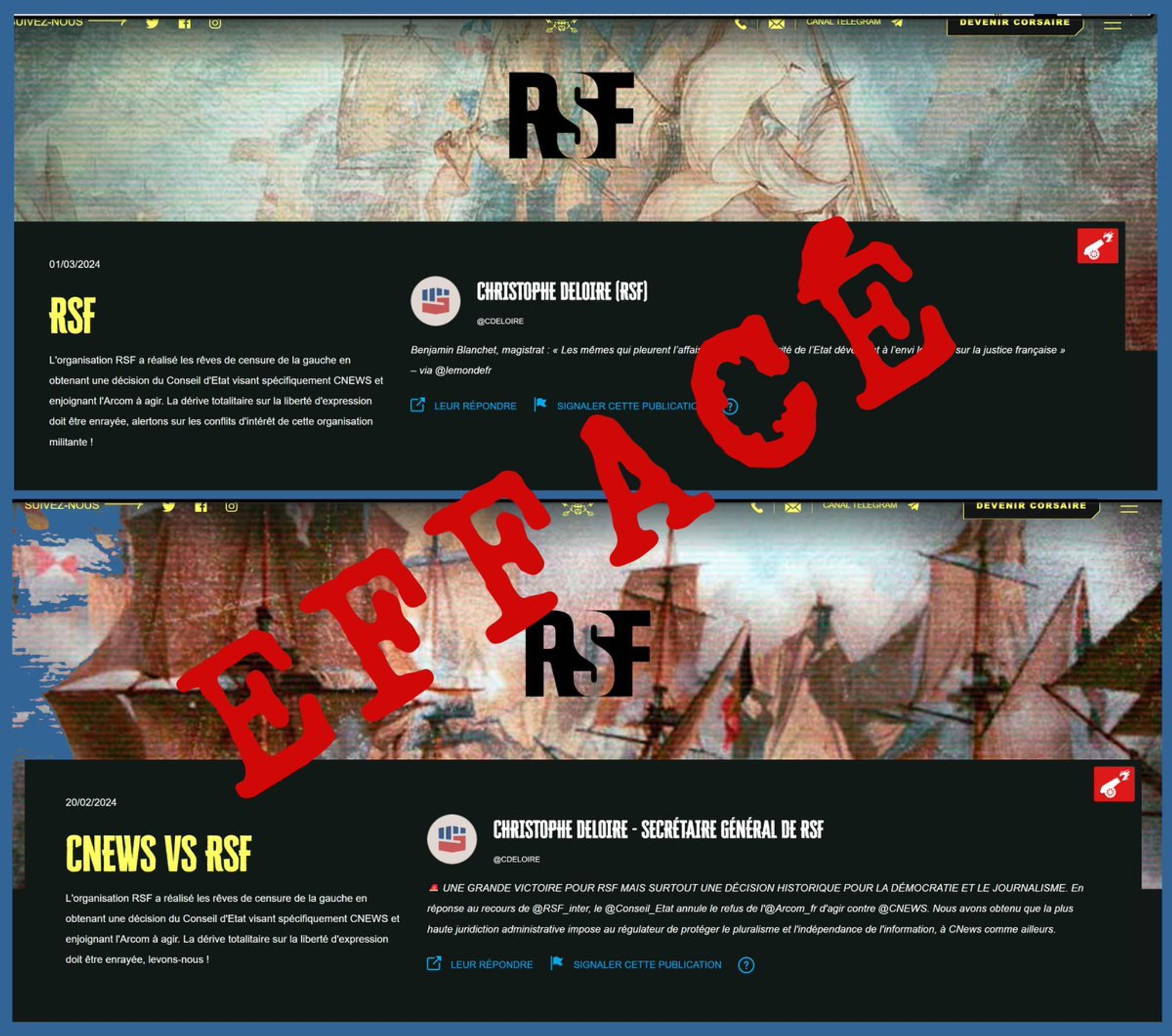 Capture des deux pages effacés du site des "corsaires", appelant au harcèlement de RSF, avec la mention "Effacé"