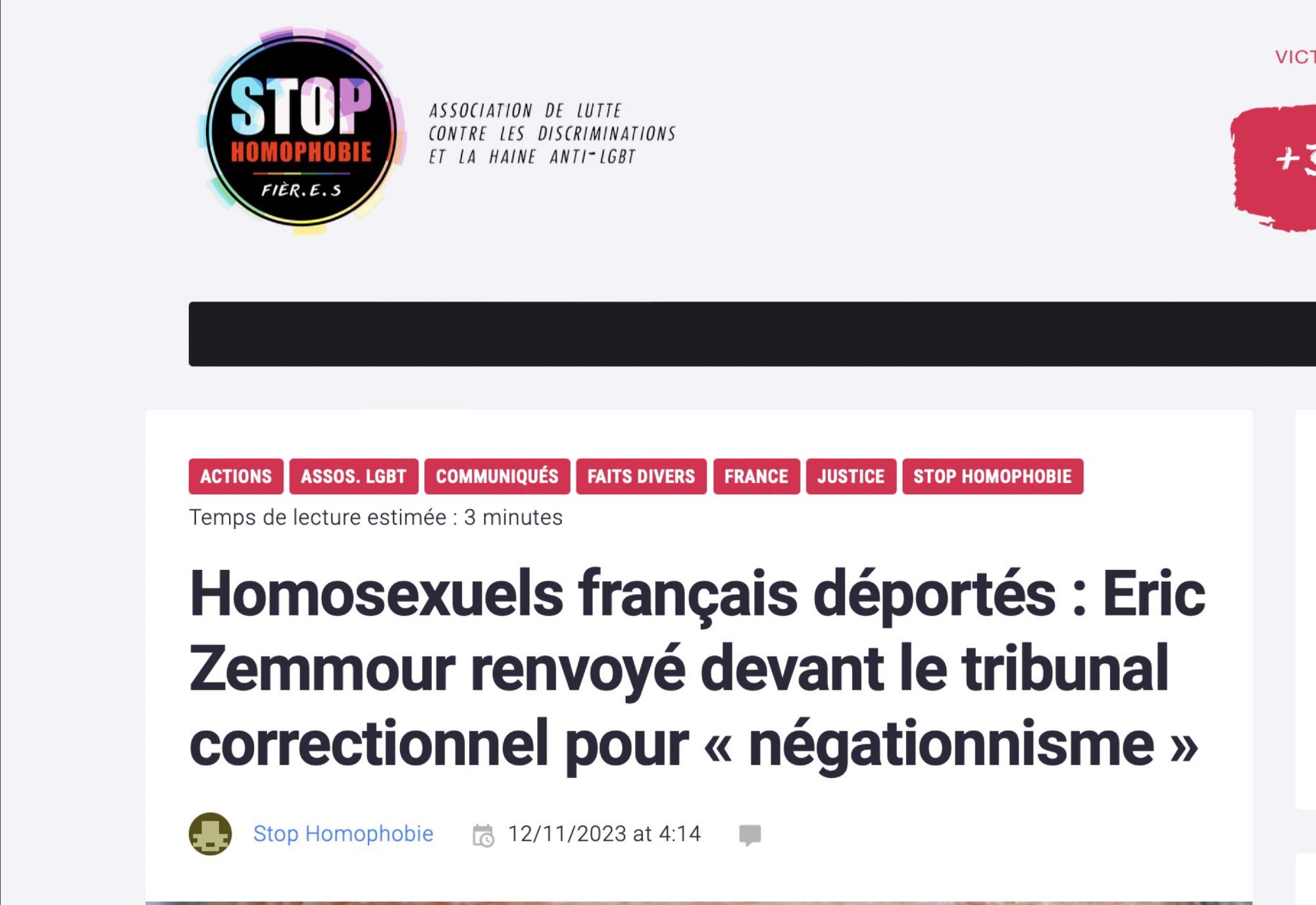 Capture d'écran de l'article : Homosexuels français déportés : Eric Zemmour renvoyé devant le tribunal correctionnel pour « négationnisme »
Stop-Homophobie
12/11/2023