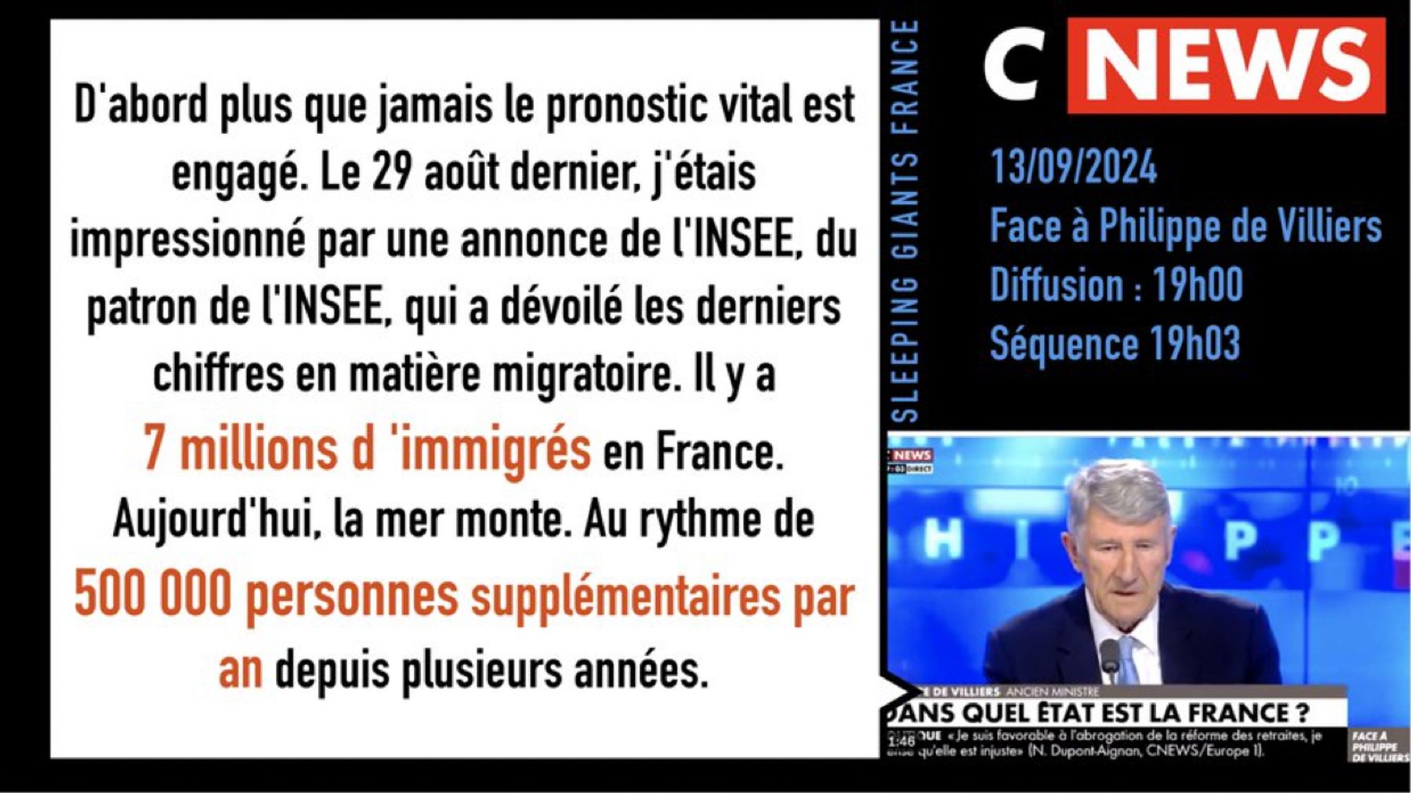 CNews 
13/09/2024
Face à Philippe de VIlliers
Diffusion : 19h00
Séquence 19h03
Philippe de Villiers : " D'abord plus que jamais le pronostic vital est engagé. Le 29 août dernier, j'étais impressionné par une annonce de l'INSEE, du patron de l'INSEE, qui a dévoilé les derniers chiffres en matière migratoire. Il y a 7 millions d 'immigrés en France. 
Aujourd'hui, la mer monte. Au rythme de 500 000 personnes supplémentaires par an depuis plusieurs années "