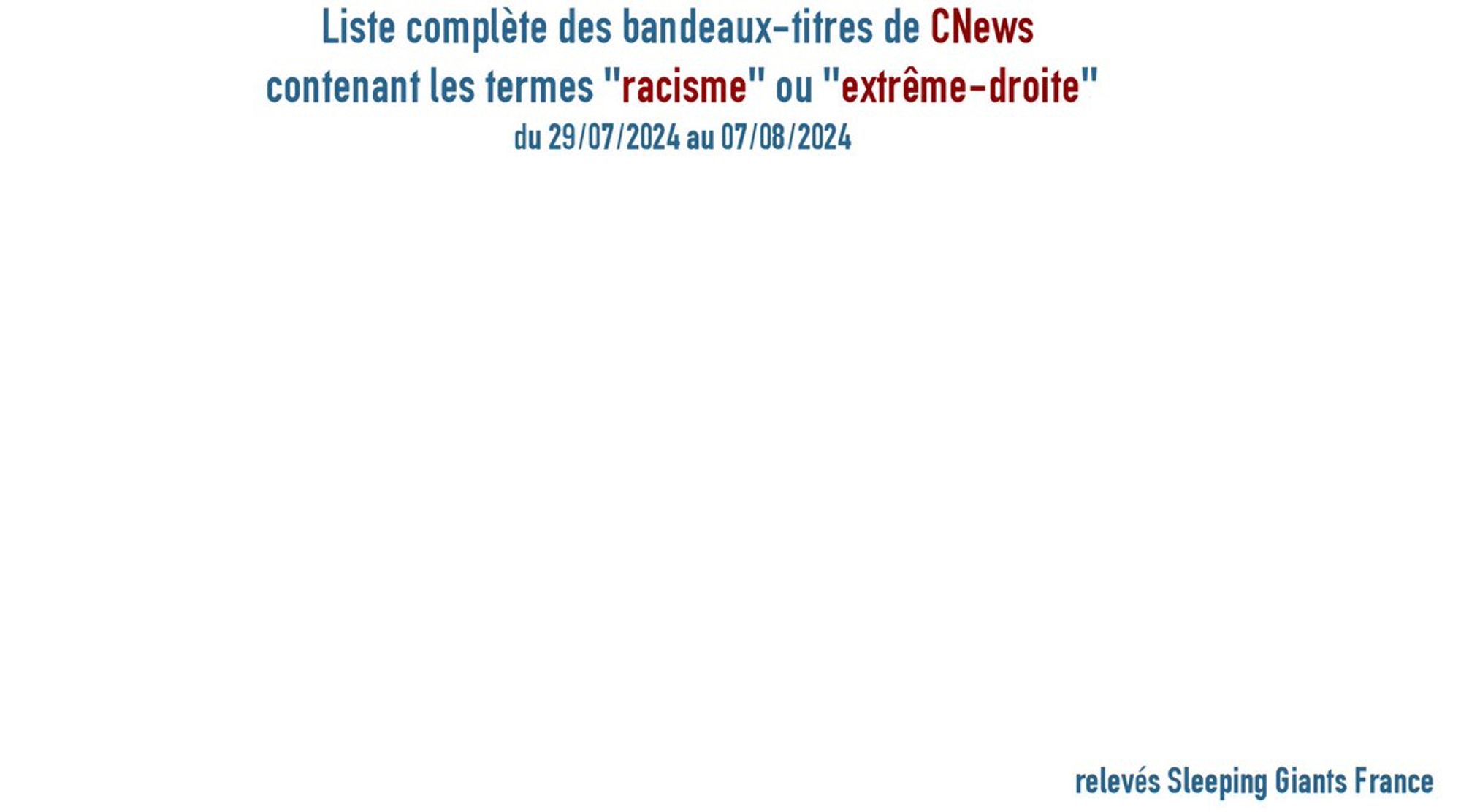 Liste complète des bandeaux-titres de CNews 
contenant les termes "racisme" ou "extrême-droite"
du 29/07/2024 au 07/08/2024

Page vide