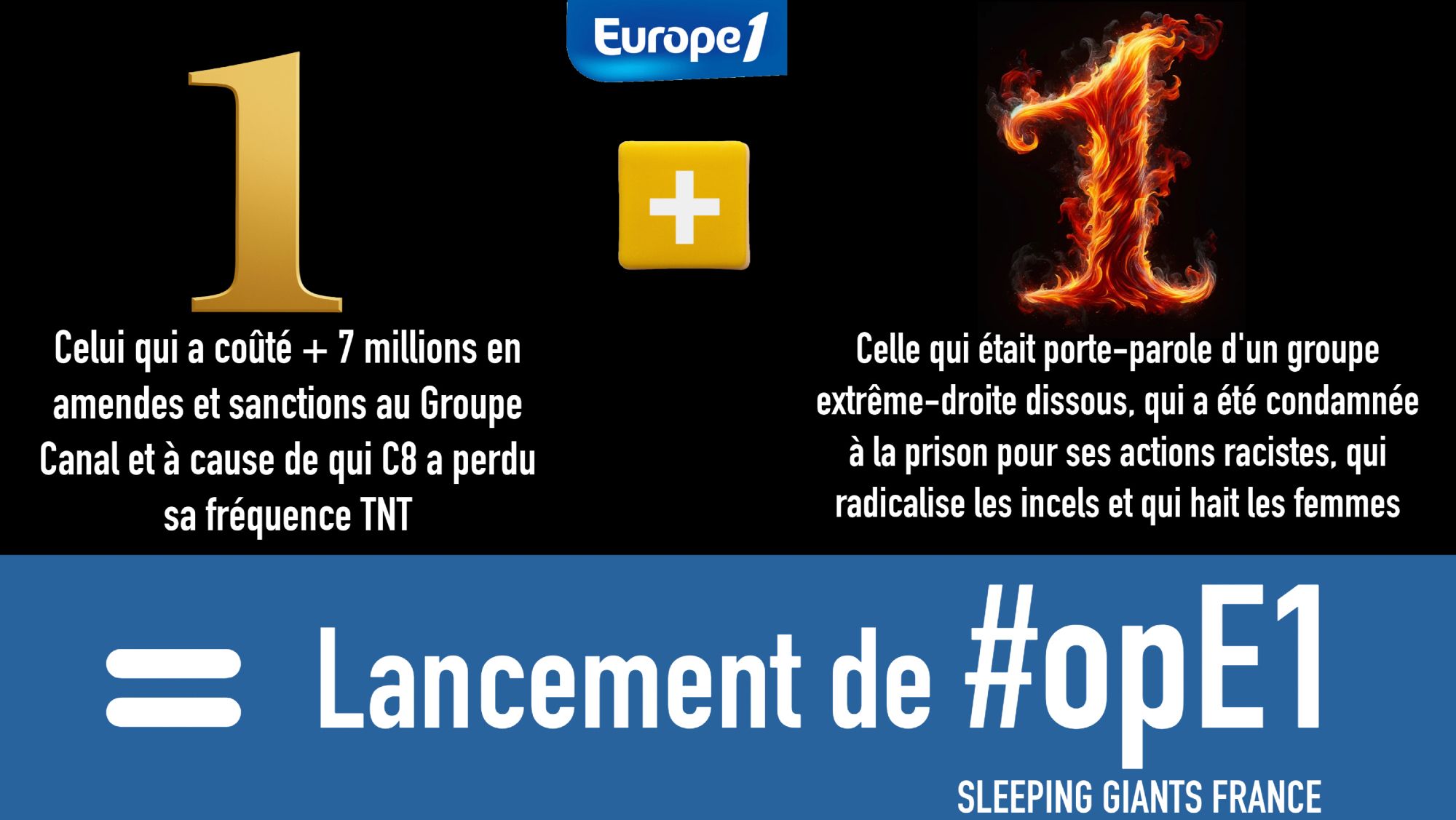 1 (avec légende : Celui qui a coûté + 7 millions en amendes et sanctions au Groupe Canal et à cause de qui C8 a perdu sa fréquence TNT) plus 1 (avec légende : Celle qui était porte-parole d'un groupe extrême-droite dissous, qui a été condamnée à la prison pour ses actions racistes, qui radicalise les incels et qui hait les femmes) égal = Lancement de #opE1 (par Sleeping Giants France)