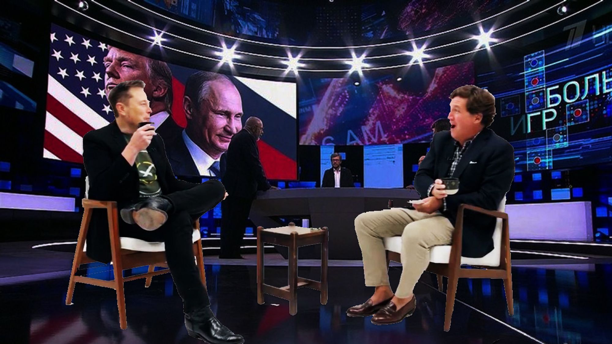 Elon and Tucker Photoshopped into the Russian state TV studio.