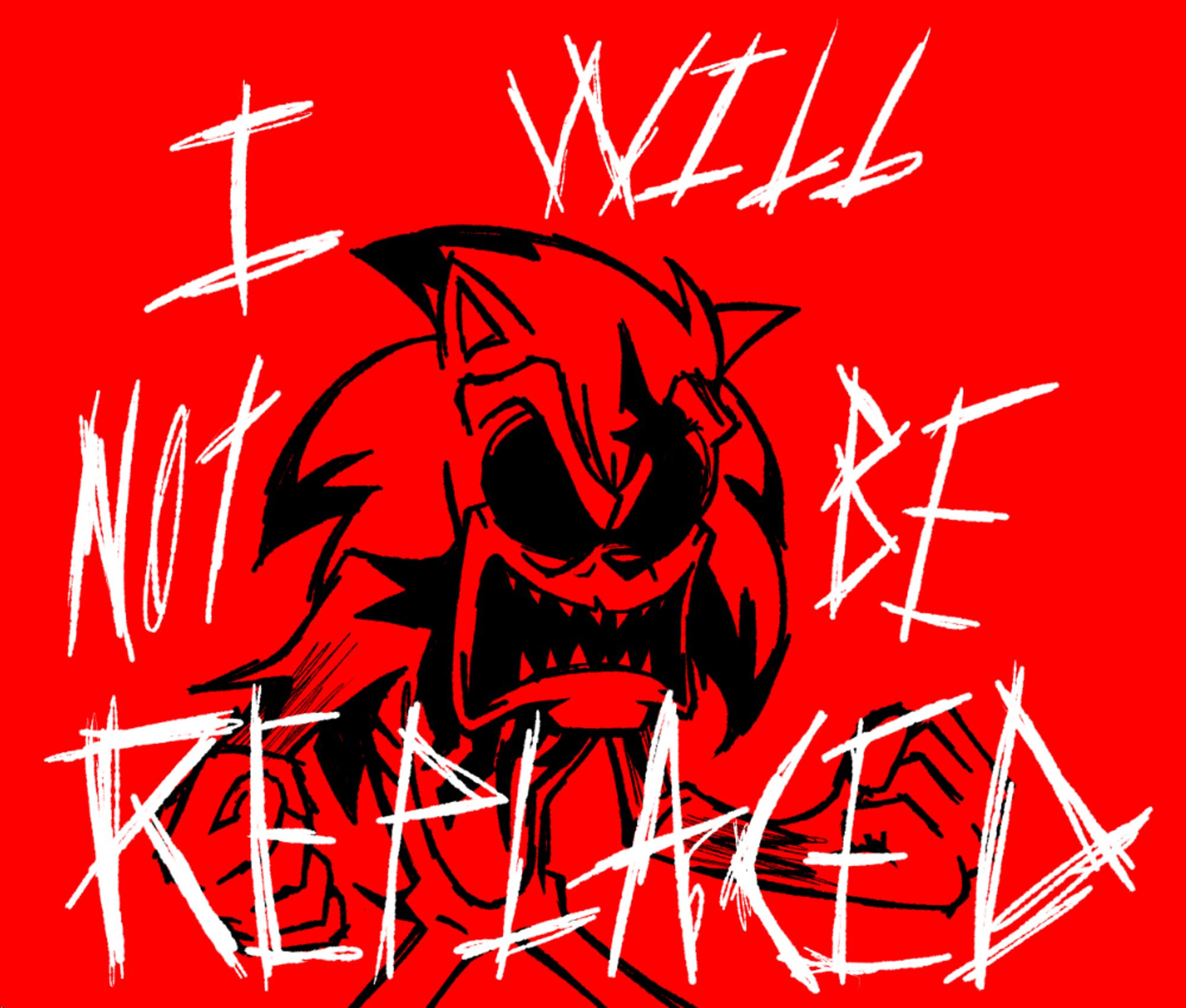 Faker colored red with black lines on a red background, white text on top of everything that reads "I WILL NOT BE REPLACED"