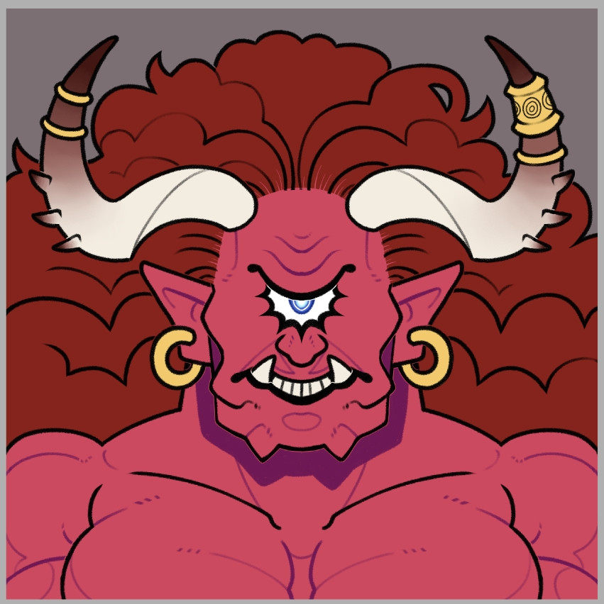 Portrait of Magnus the Red in his demon prince form. Very thick curly red hair, pinkish red skin, a pair of large horns with golden jewellery on it.