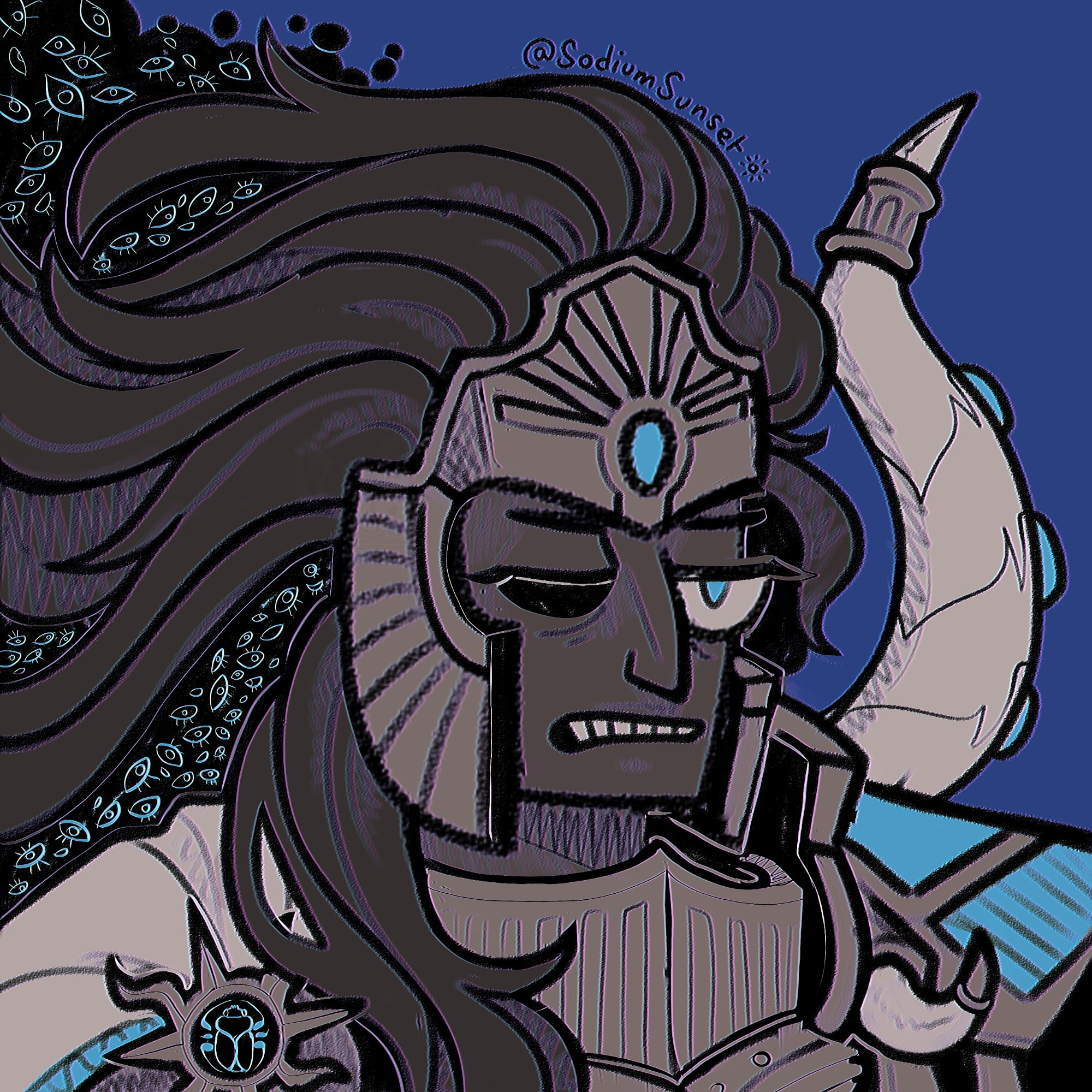 A grey scale portrait of the Primarch Magnus with electric blue accents 