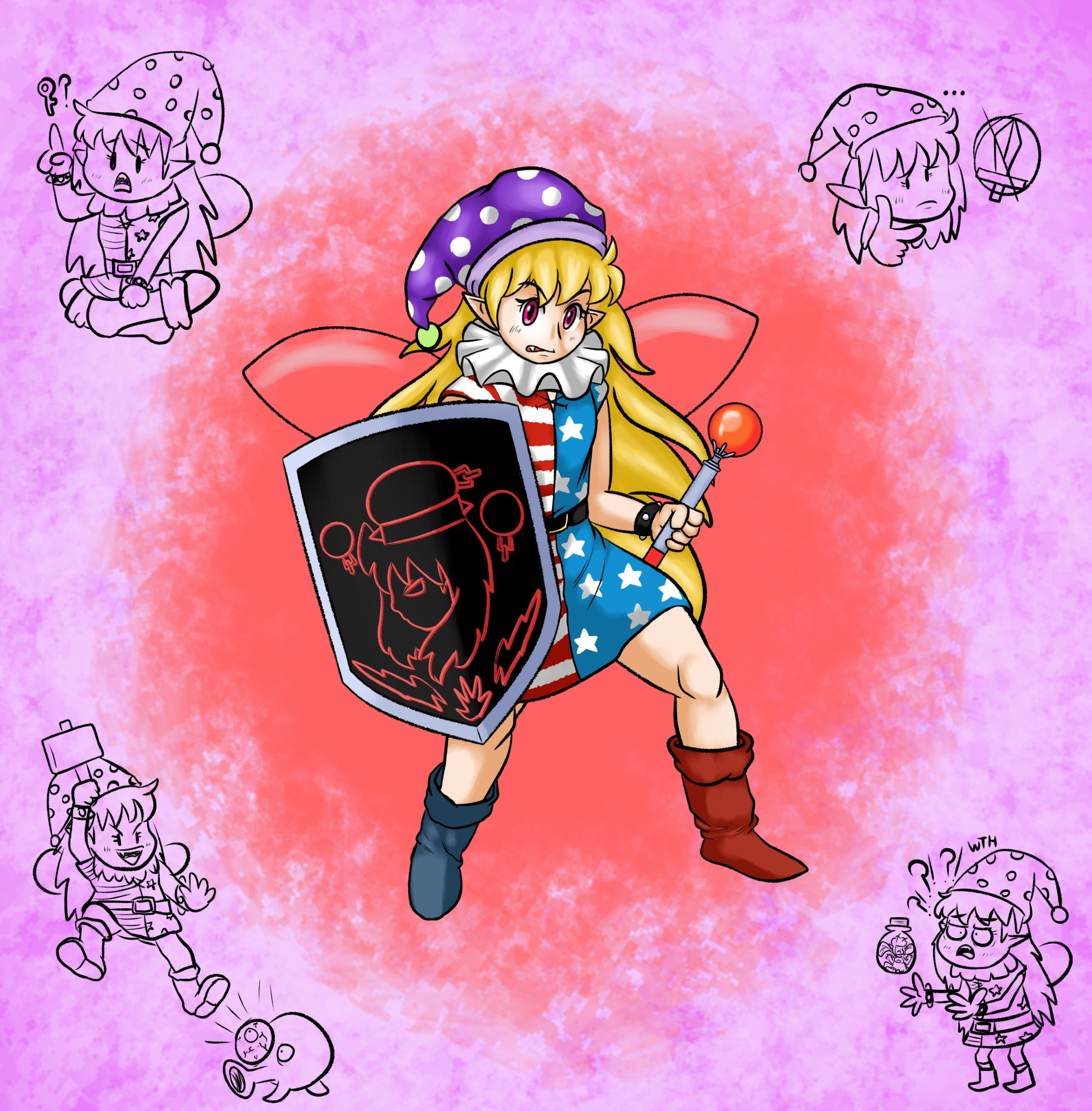 clownpiece as link with colored bg and the lil sketches around