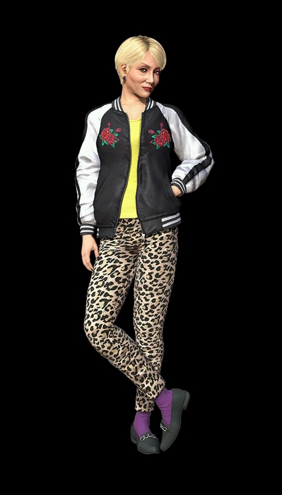 Hamako, owner of a brothel in the video game Yakuza: Like A Dragon, wearing kitty print leggings, purple socks, and a rose breasted black and white striped satin bomber jacket.  On the reverse(not shown) is a totally rad embroidered peacock, roses,  and the word "Japan"