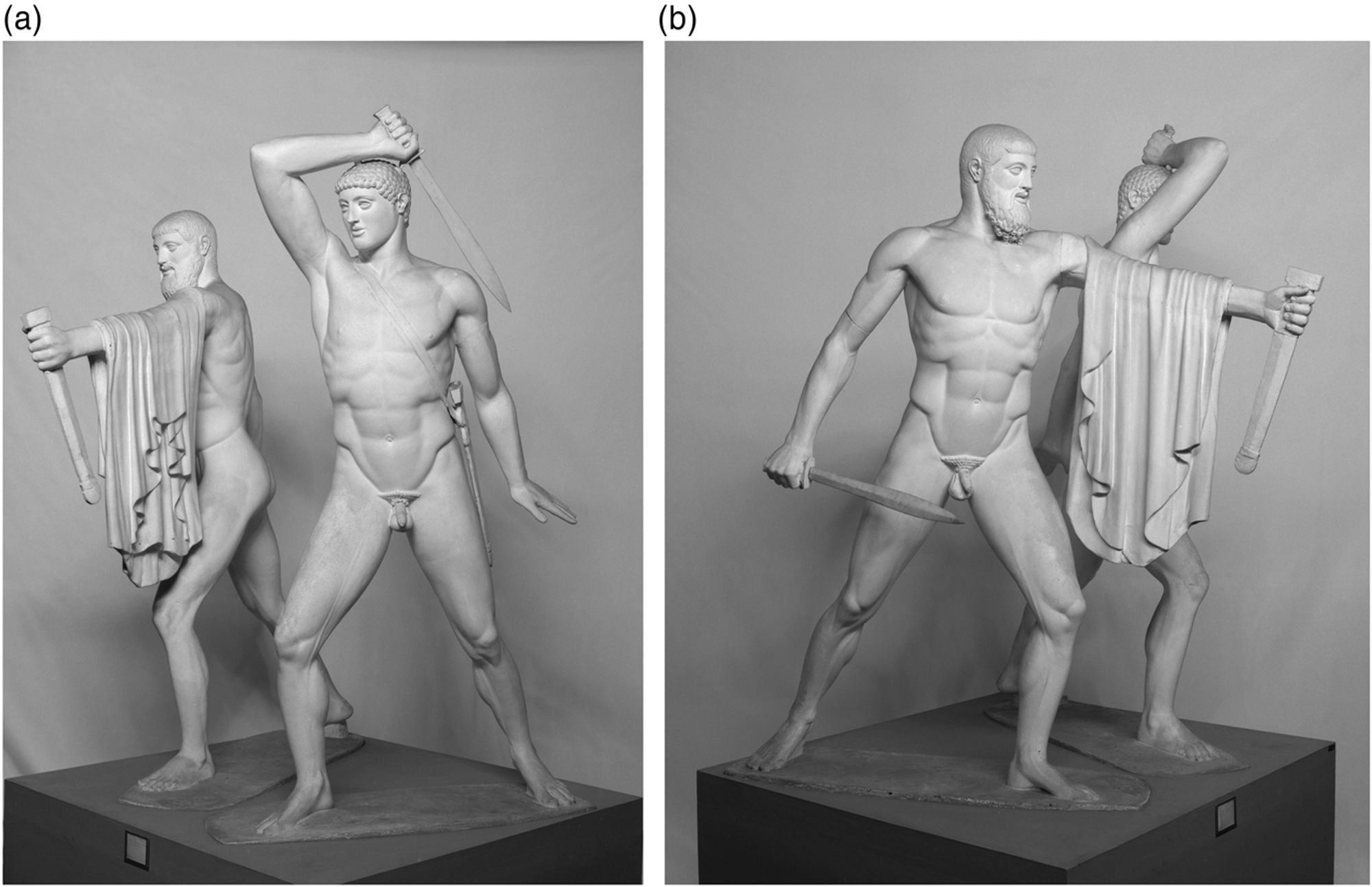 Figure 1(a) and (b). The Tyrannicide group (reconstruction), Plaster-cast copies (Museo dei Gessi, University of Rome; Photos: H. Schwanke, D-DAI-ROM 84.3301, 84.3303)