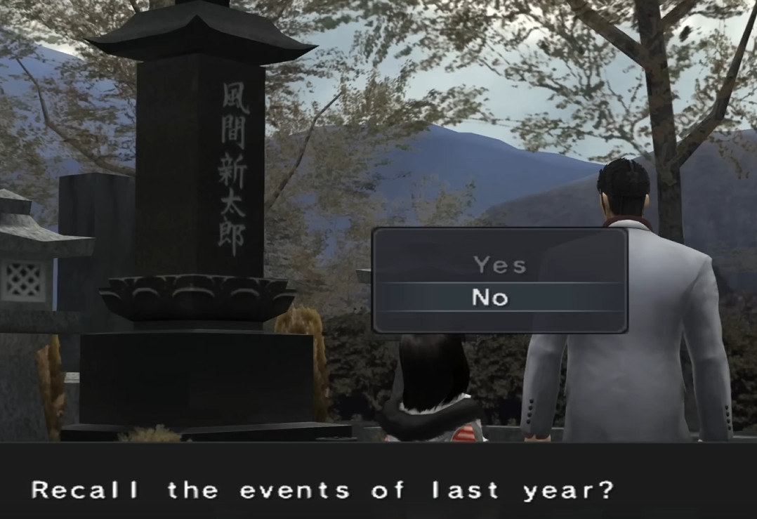 cropped screenshot from Yakuza 2 (2006) for PS2 of kiryu and haruka at kazama's grave. a text box prompt reads: "recall the events of last year?" with options to select "yes" or "no" which is currently highlighted