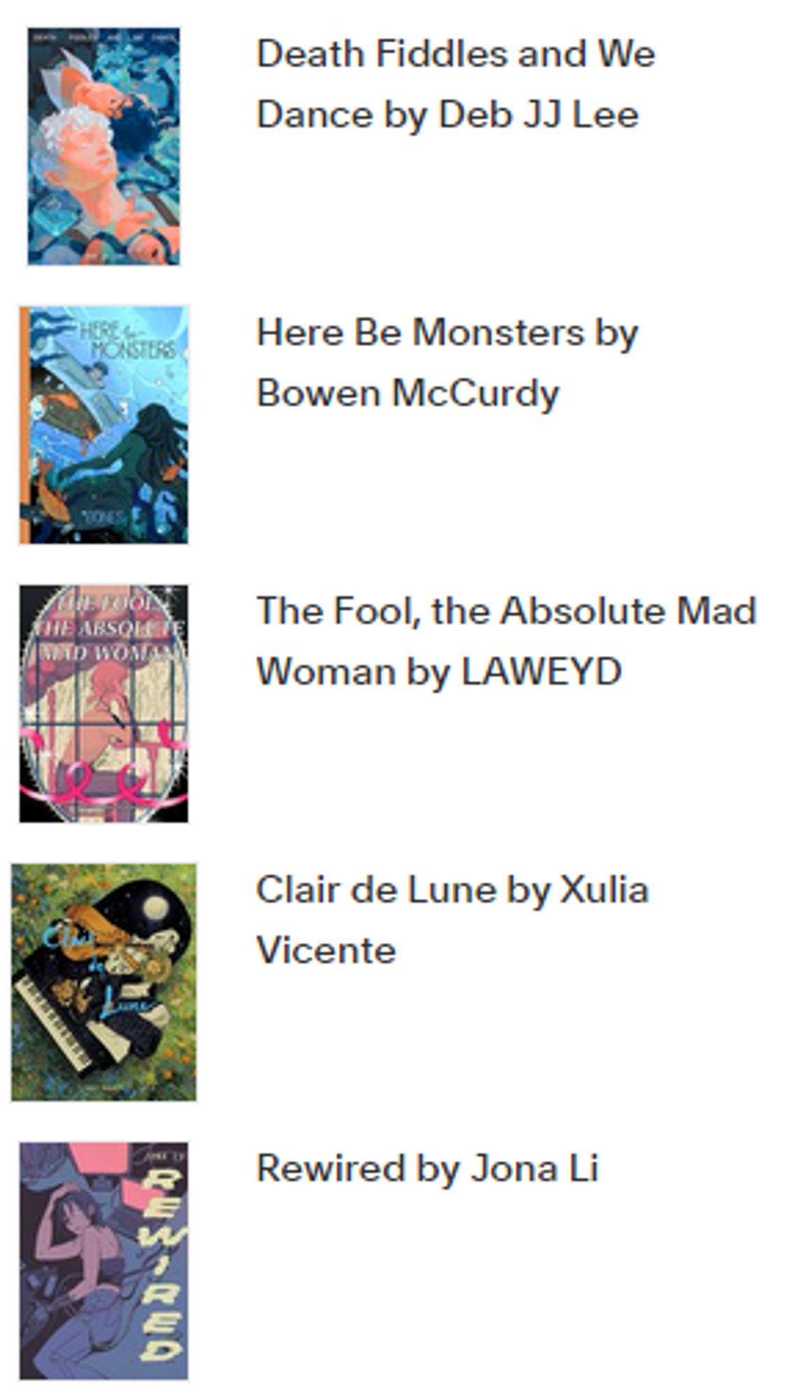 Order summary with items:
Death Fiddles and We Dance by Deb JJ Lee
Here Be Monsters by Bowen McCurdy
The Fool, the Absolute Mad Woman by LAWEYD
Clair de Lune by Xulia Vicente
Rewired by Jona Li