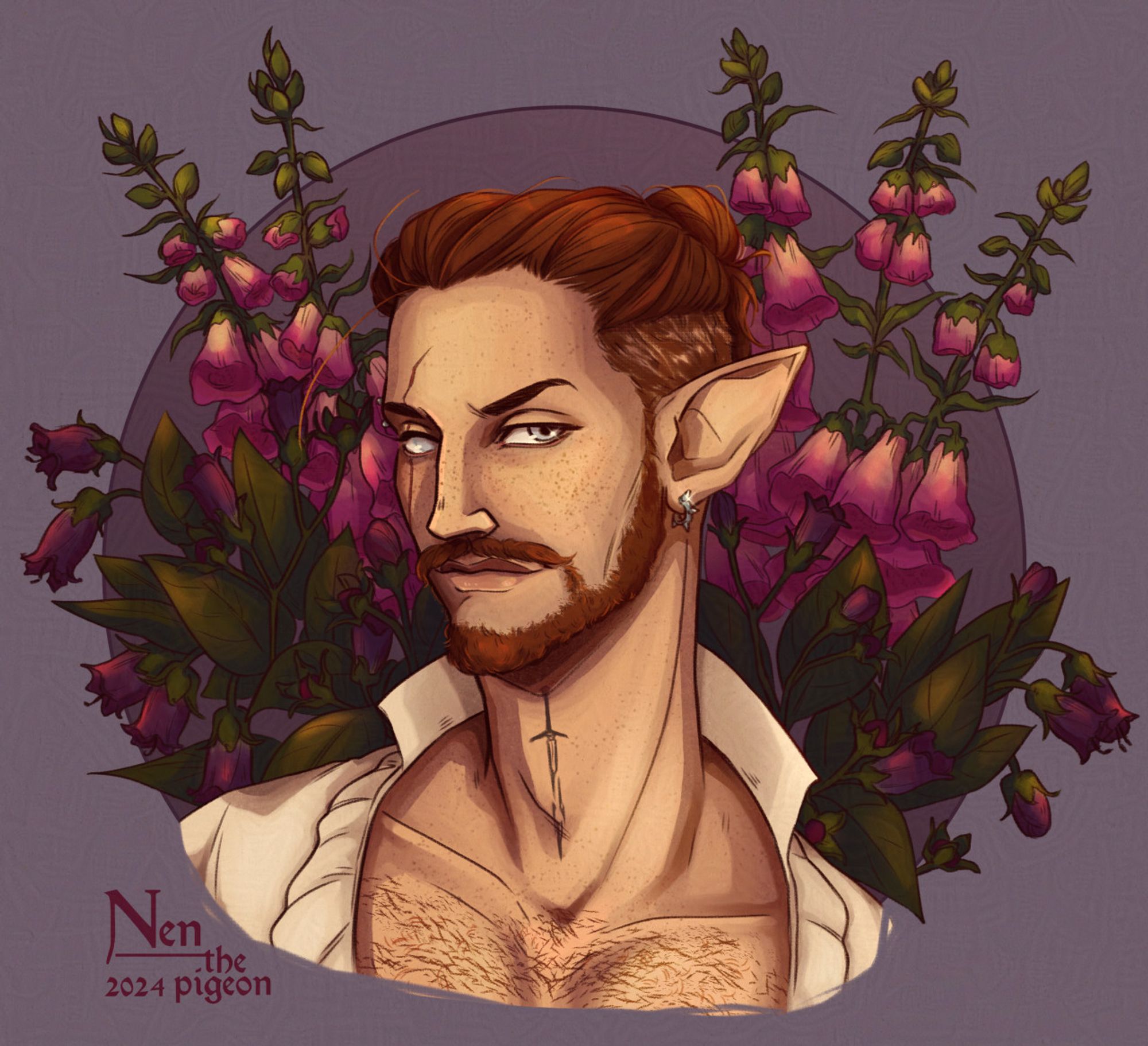 portrait of a BG3 elven Tav character; foxglove and belladonna flowers are drawn behind him in the background.