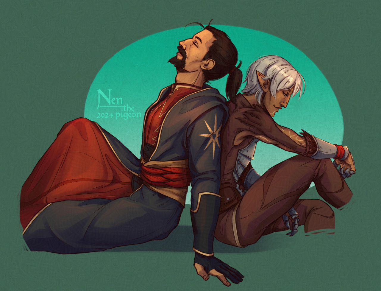 male Hawke wearing Chantry robes is sitting back to back with Fenris, who has red cloth around his wrist. they are both smiling