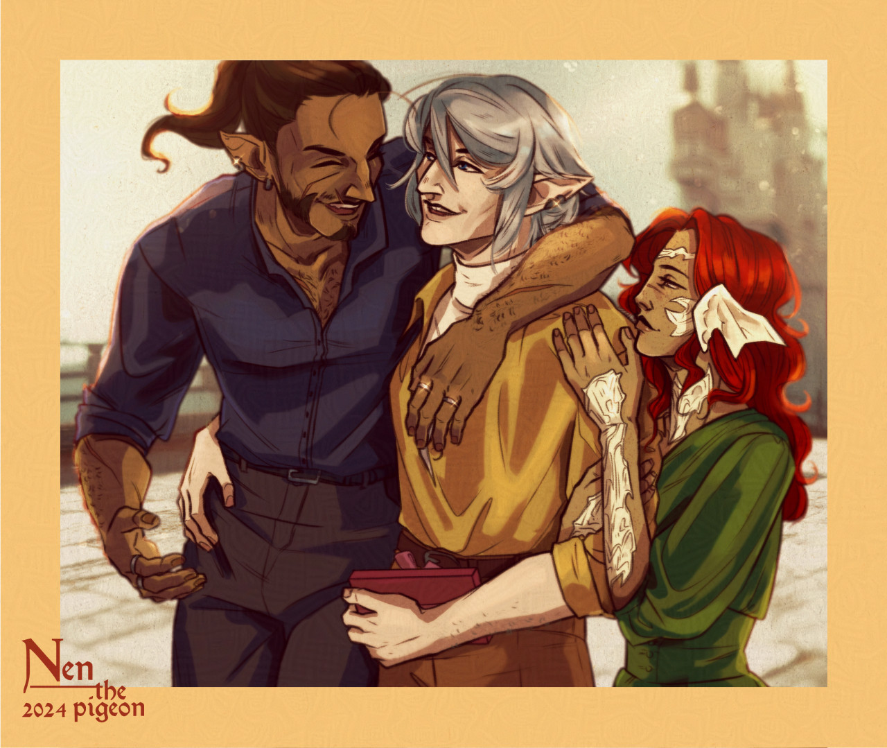 Illustration of 3 people - two elf/elezen men (Aquila on the left, Haurchefant in the middle) and au ri woman (Syviis on the right). They are seen, more or less, celebrating - Aquila has his arm around Haurchefant's shoulders, laughing and gesticulating as if he was telling a joke. Haurchefant is also seen talking, having one of his hands on Aquila's waist while carrying a small present in the other. Syviis is looking at them both while hugging Haurchefant's arm from her side. A screenshot from around middle La Noscea is used as a background.