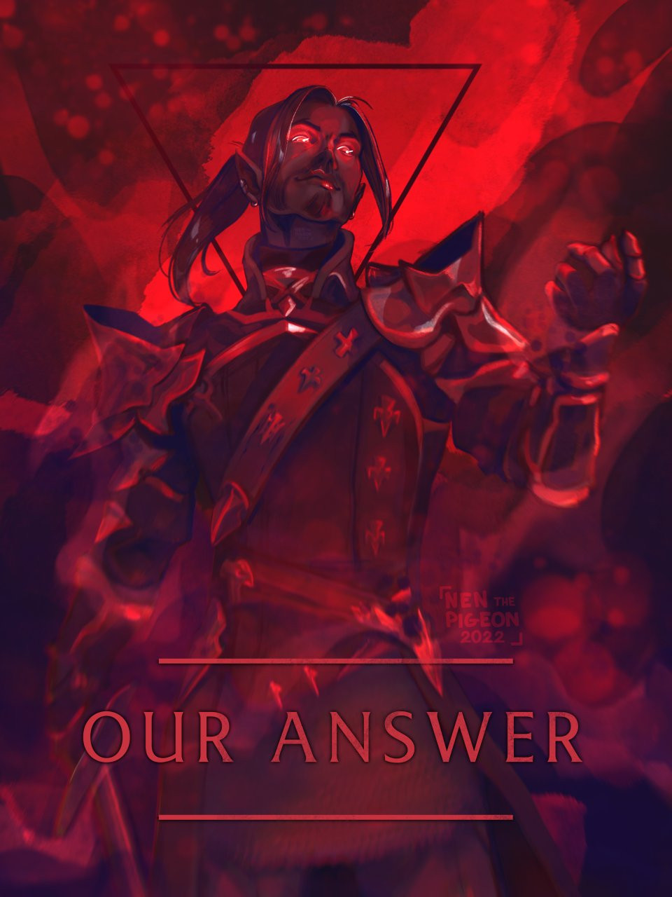 ominously red illustration depicting a FFXIV dark knight character; he's staring down at the viewer; a title "Our Answer" is displayed on the bottom