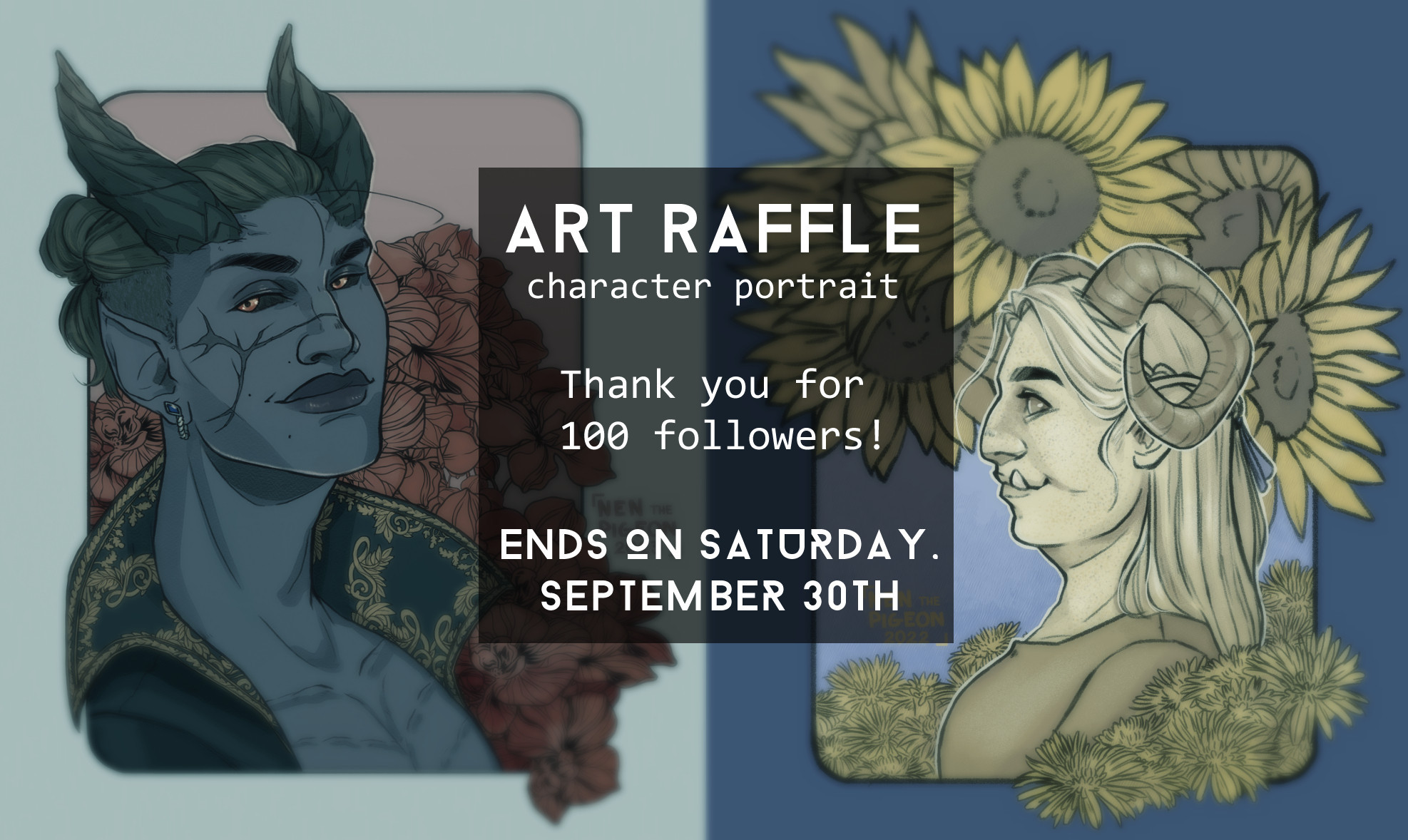 Giveaway ad saying "Art raffle, character portrait. Thank you for 100 followers! Ends on Saturday, September 30th" with two character portraits in the background