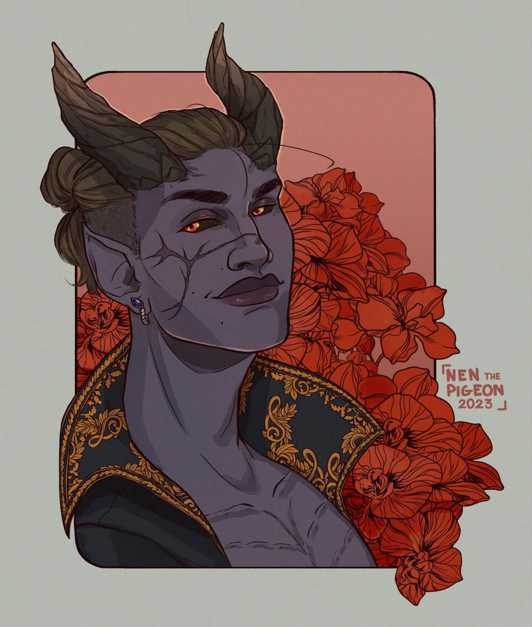 purple tiefling character with red flowers behind him; he's looking at the viewer with a smile