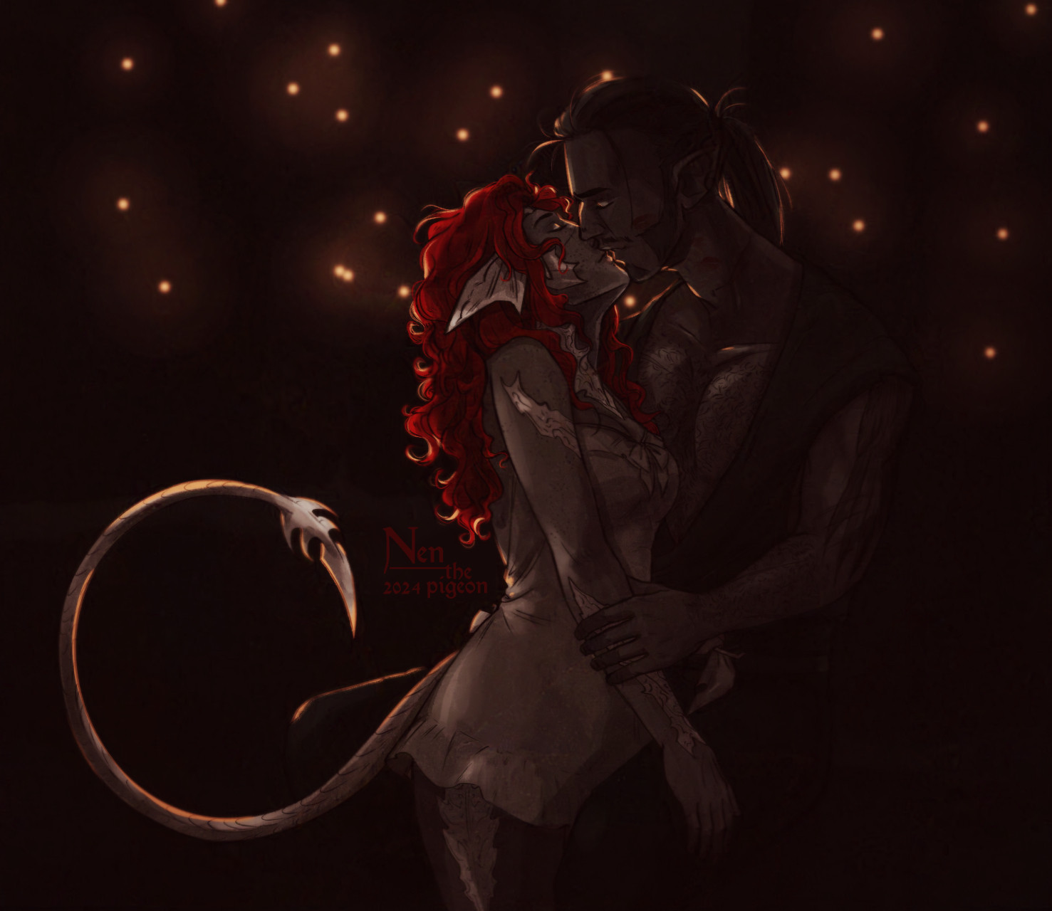 The picture is dark; two characters, male elezen (Aquila) and female au ra (Syviis), are seen kissing in the dark. Orange lighting dots are illuminating their silhouettes. Her long, slim tail is happily curled upwards; there are lipstick stains on his cheek and neck. This drawing makes me smile 😊