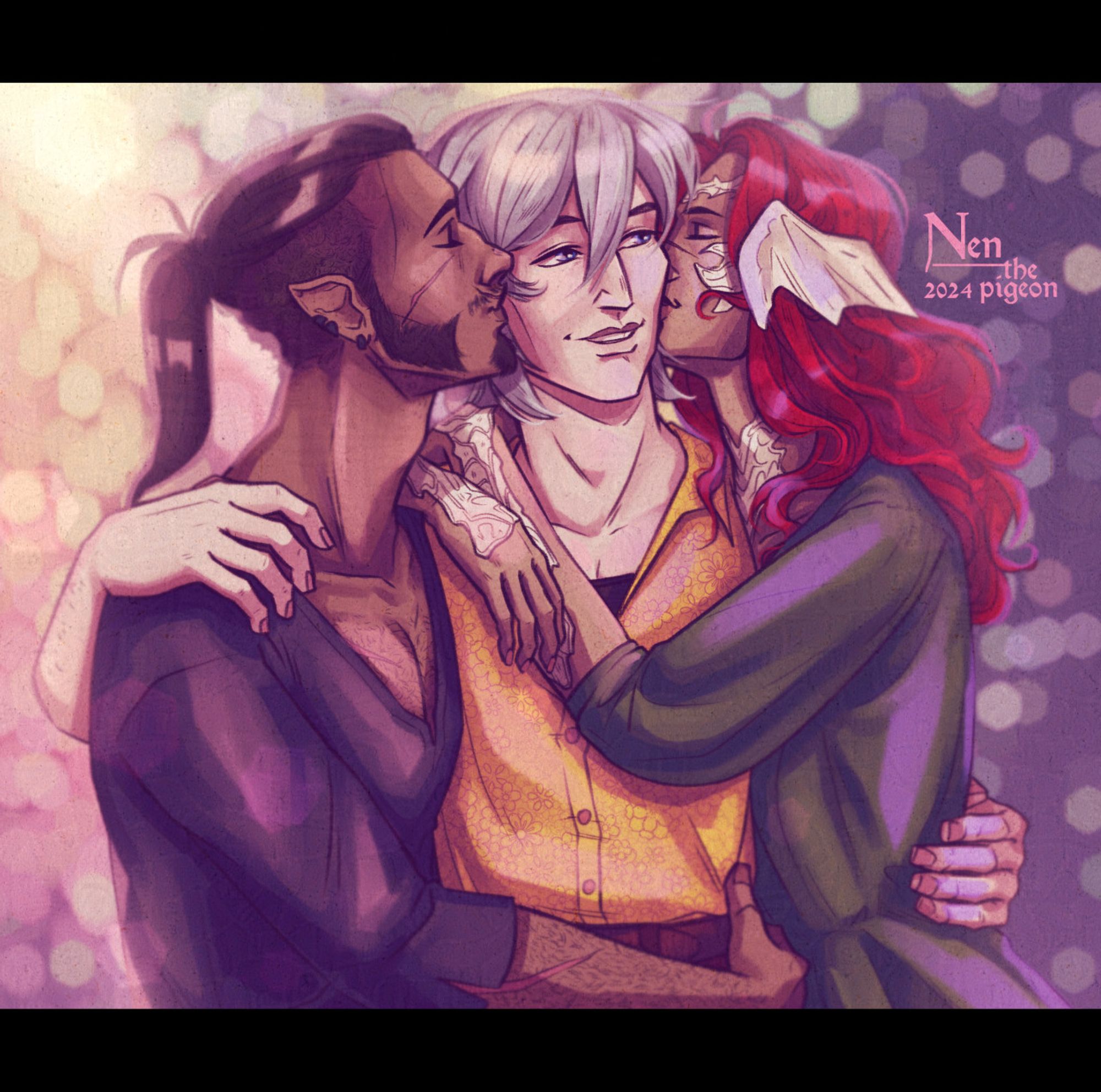 Illustration of 3 people - two elf/elezen men (Aquila on the left, Haurchefant in the middle) and au ri woman (Syviis on the right). They are seen sharing an embrace. Both Aquila and Syviis are giving Haurchefant a kiss on his cheek. They all look happy. Background behind them is an unknown bokeh mix of yellow, pink and purple lighting.