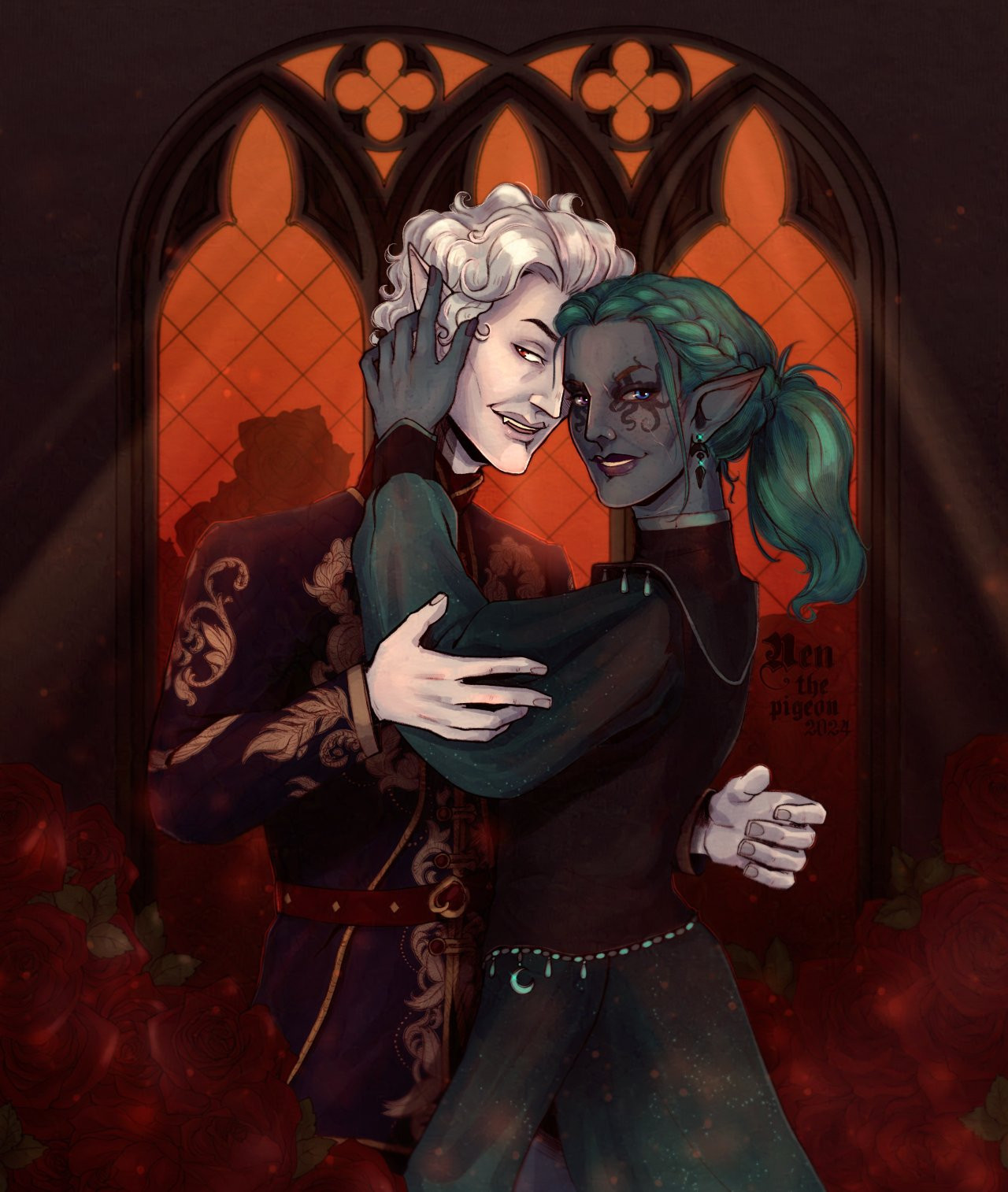 BG3 commission: Astarion and Durge character are dressed in fancy clothes, sharing an embrace that suggests a power couple dynamic; they are standing in front of a gothic mirror, surrounded by dark red roses