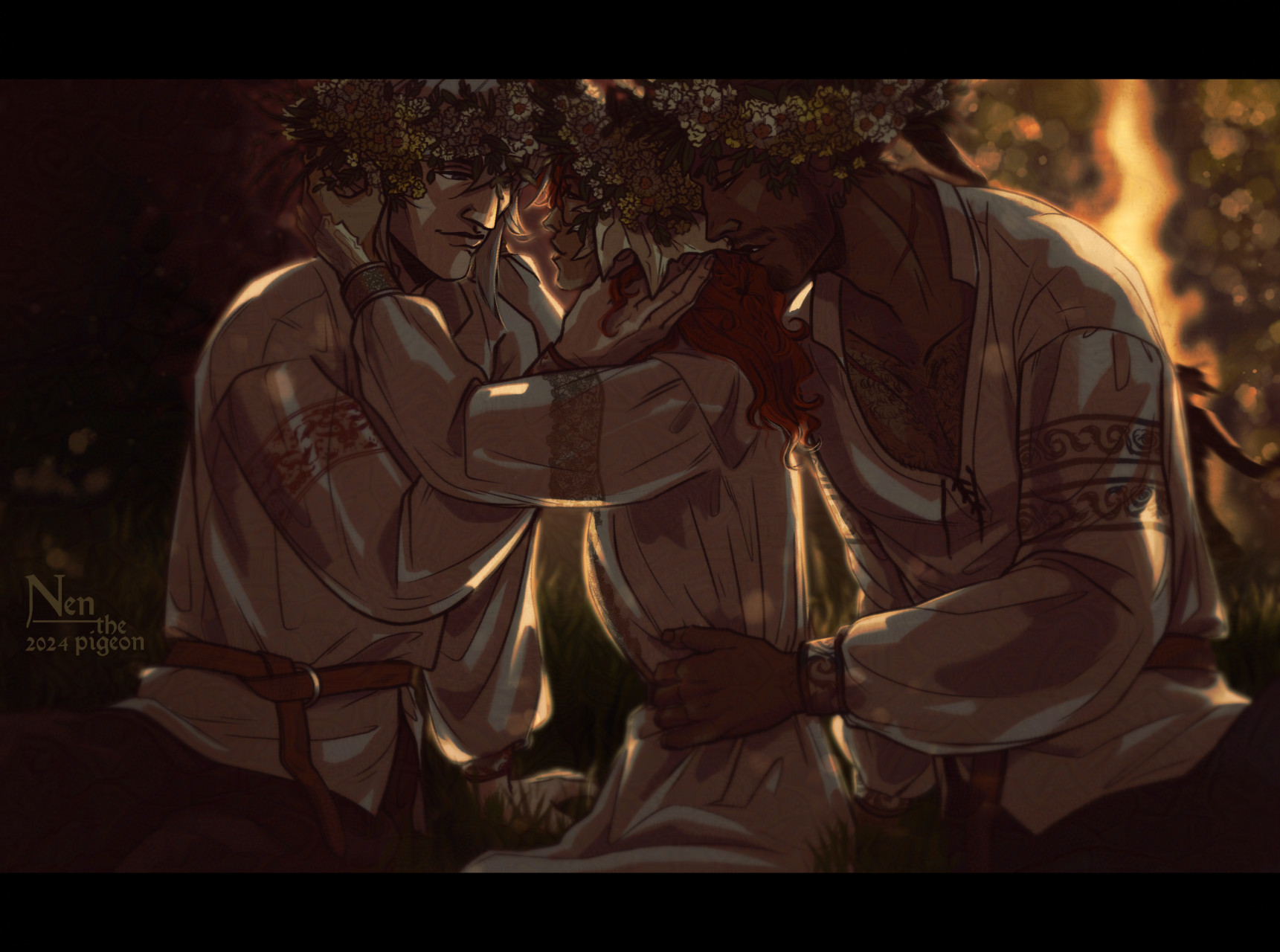 Summer solstice celebrations! There are three figures sitting on the grass - Haurchefant (on the left), Syviis (in the middle) and Aquila (on the right), they are all dressed in light, linen clothes, resembling those of early medieval fashion. They all have flower wreaths on their heads - Syviis is putting one on Haurchefant's head! They are all close to each other - Haurchefant is putting his hand on Syviis' cheek while Aquila has his hand on her waist. There is bonfire and people dancing around it seen in the background