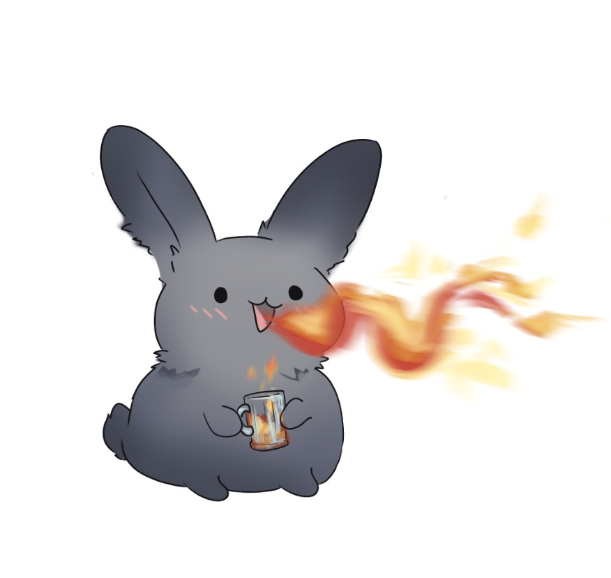 A black chibi style rabbit that breathes fire after drinking alcohol. Part of a Dungeons and Dragons Campaign.