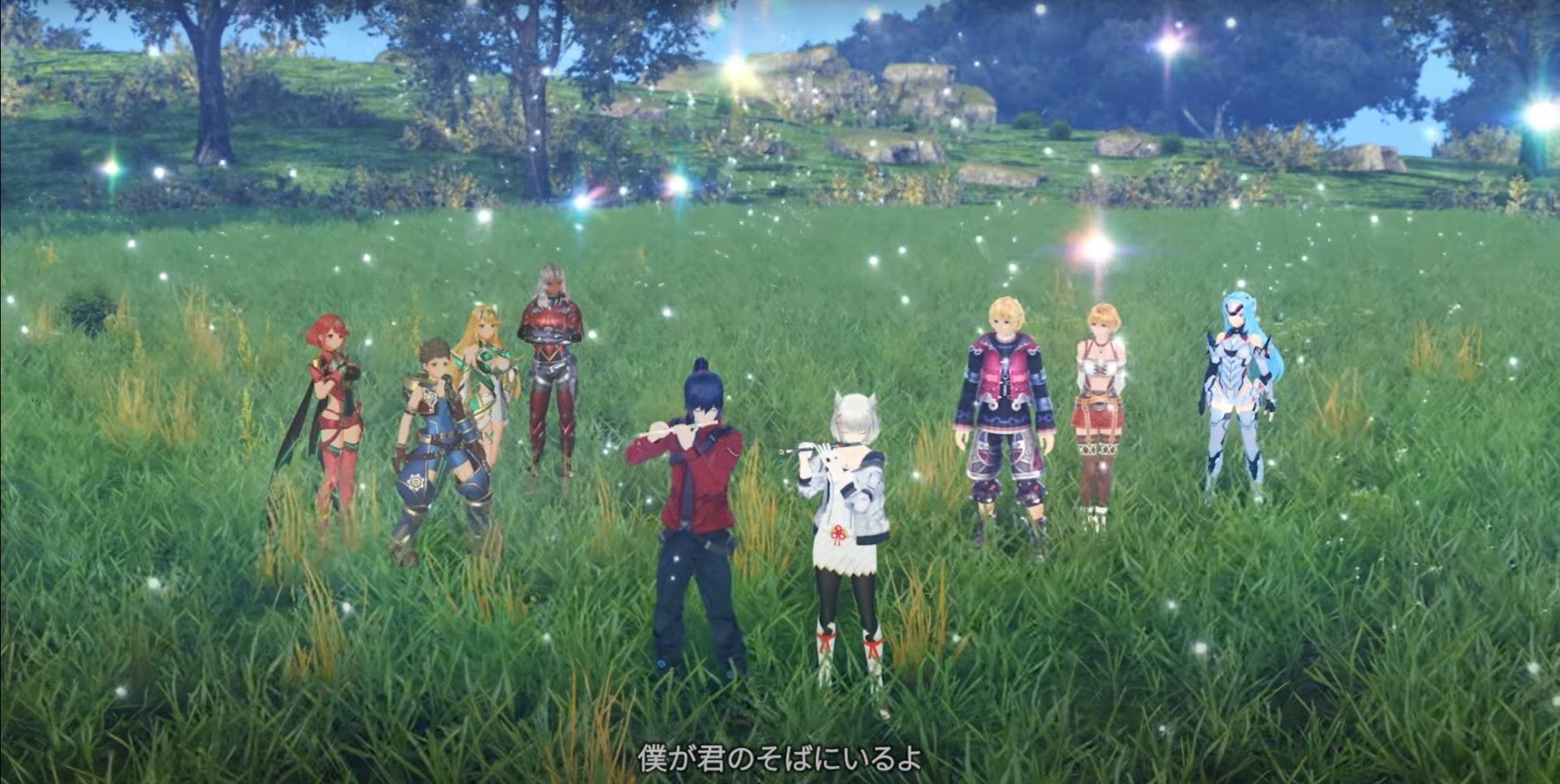 linda família reúnida com Rex, Pyra, Mythra, Elma, Noah, Mio, Shulk, Fiora e KOSMOS from hit series Xenoblade and Xenosaga by Monolith Soft