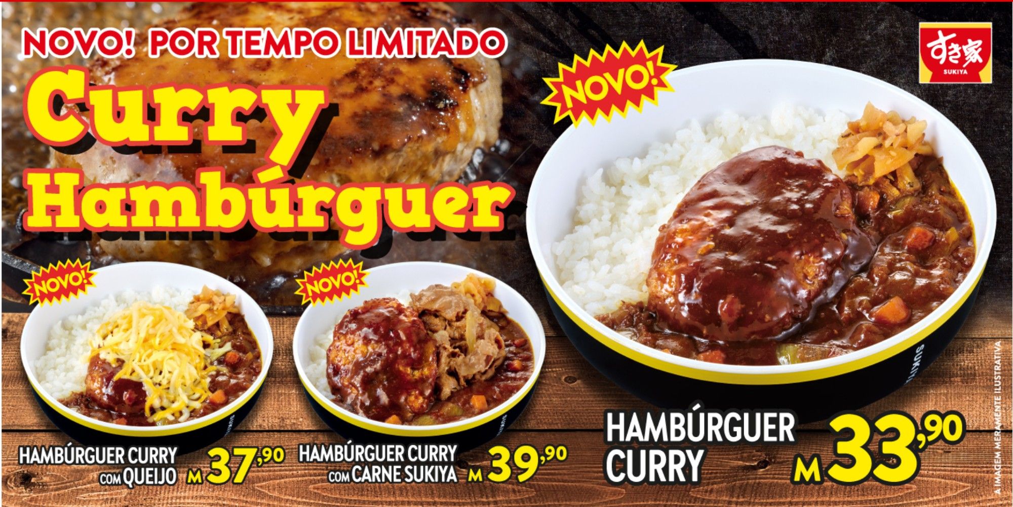 print do cardápio do restaurante Sukiya mostrando os novos pratos limitados de curry com hamburger