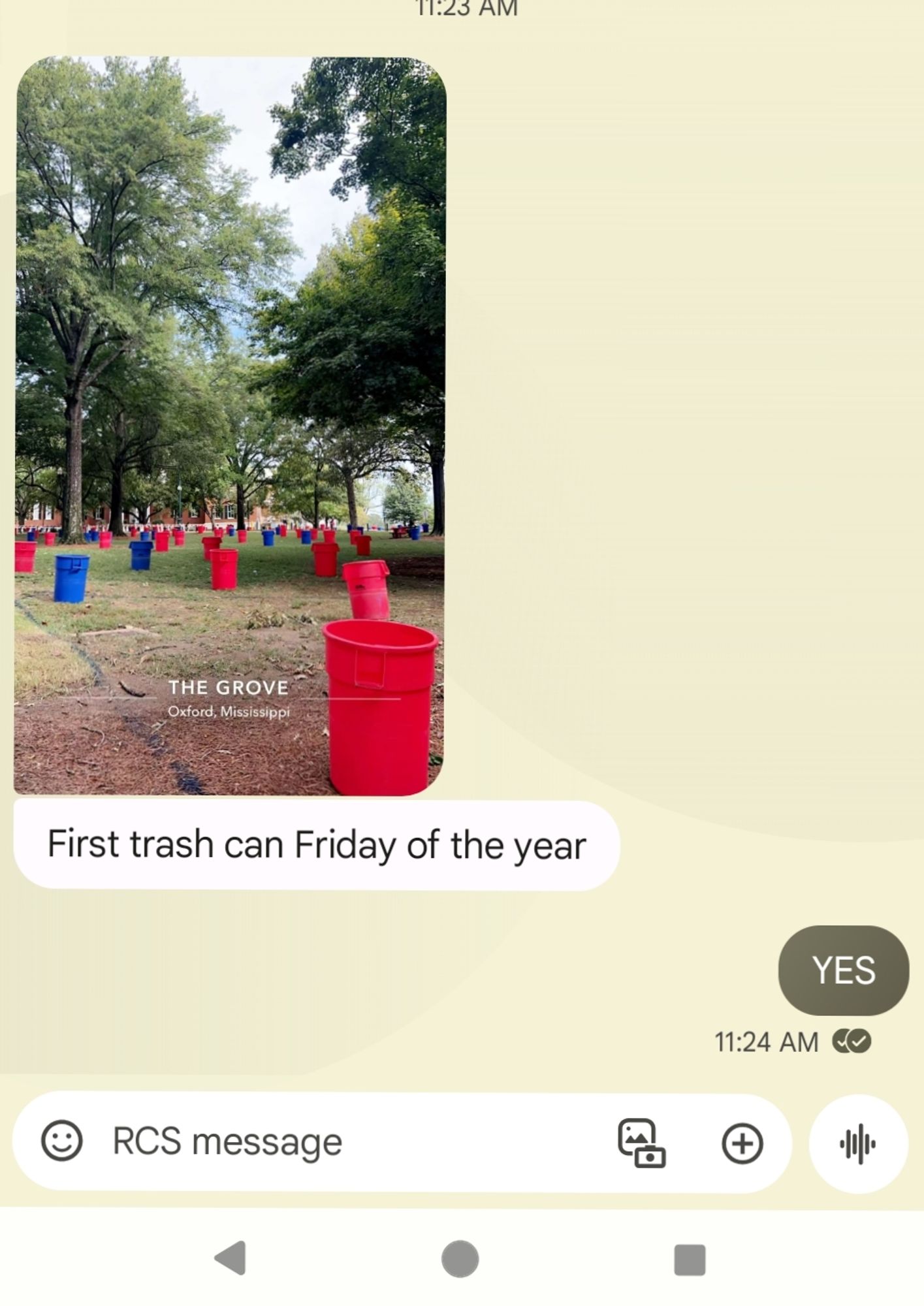 Screenshot from my oldest, showing The Grove at Ole Miss covered in red and blue trash cans in preparation for this weekend's home football game.