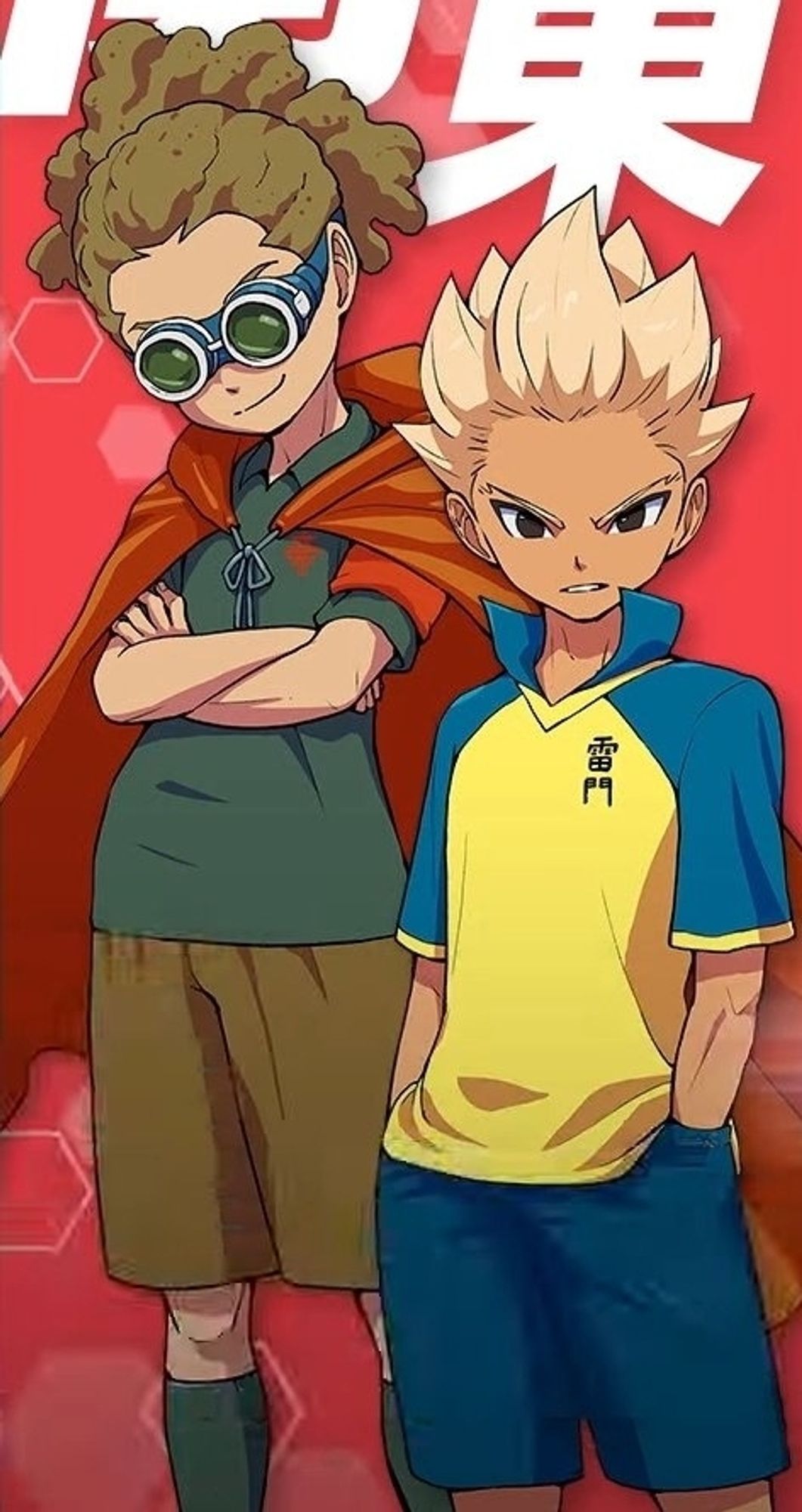 Zoomed to show Kidou and gouenji. Kidou has his arms crossed while smiling while gouenji has his hands inside the side of his shorts