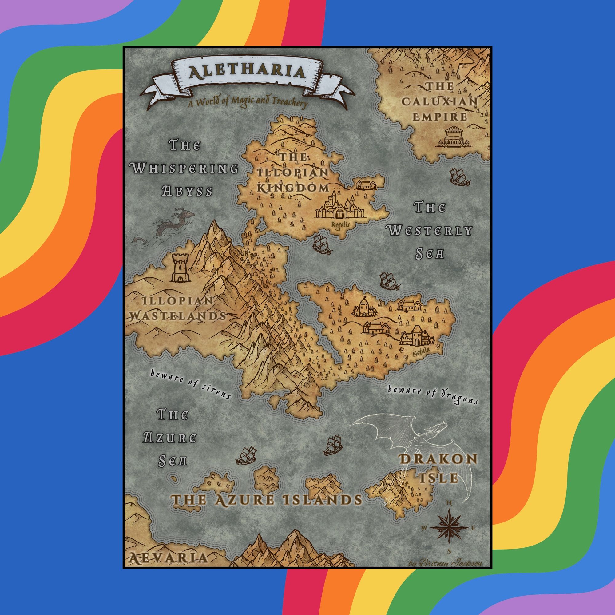 Map of Aletharia on rainbow background.