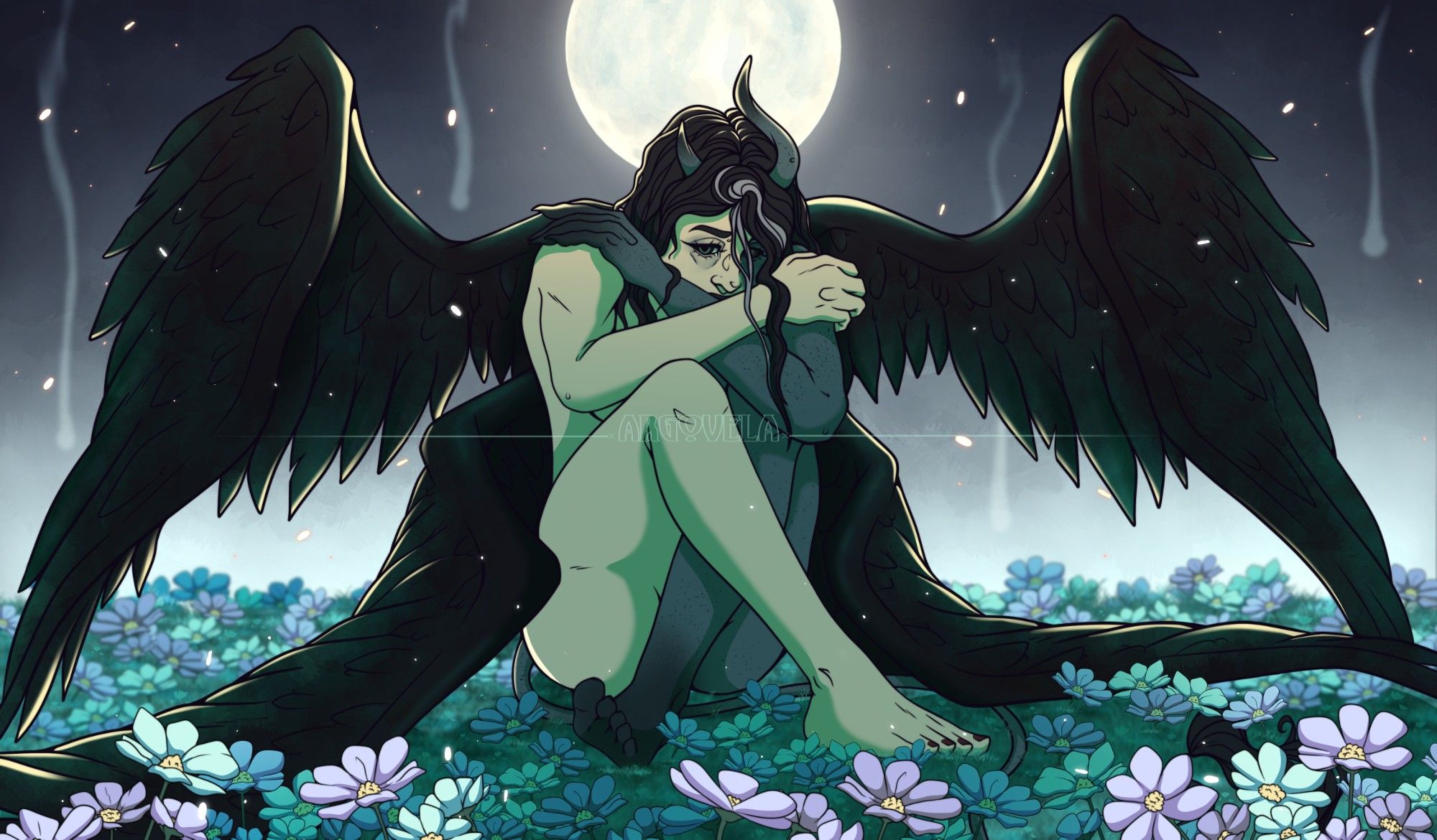 A woman sits naked in a field of flowers, half of her body is transformed into a blue demon like form with large black wings sprouting from their back. She holds herself, hiding her body and peers sadly over her arms