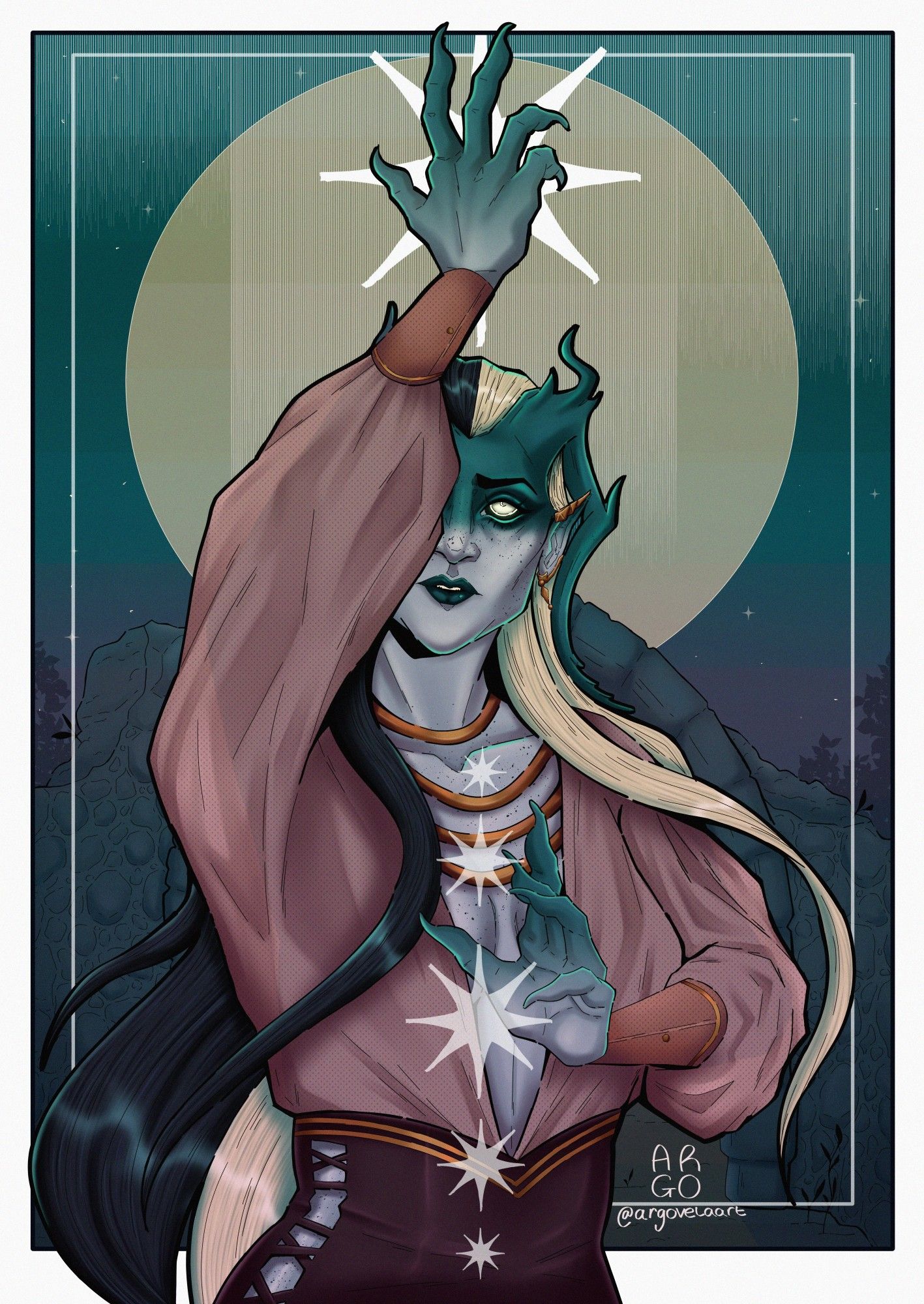 A blue tiefling is posed with one hand to the sky and another in front of her, white stars are illustrated over the top of her body. She stands in ruins with a white moon haloing her head.