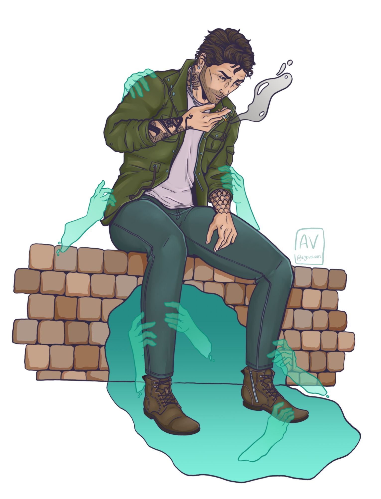 Man sat smoking a cigarette on a wall, surrounded by blue ghostly hands.