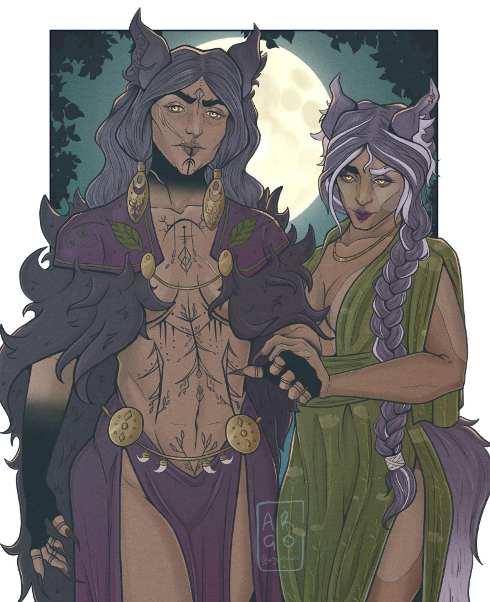 two dark skinned women with wolf ears stand together looking at the viewer. One is draped in furs while the other is in a long green dress. Both have wold ears and large bushy tails. They stand in a dark forest with a large moon haloing their heads.