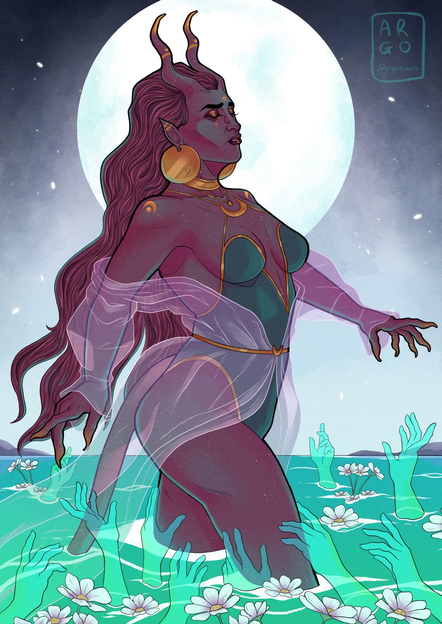 A purple tiefling, speckled in gold strides confidentially through blue waters. Up from the depths ghostly hands reach for her. A big white moon halos the tieflings head.