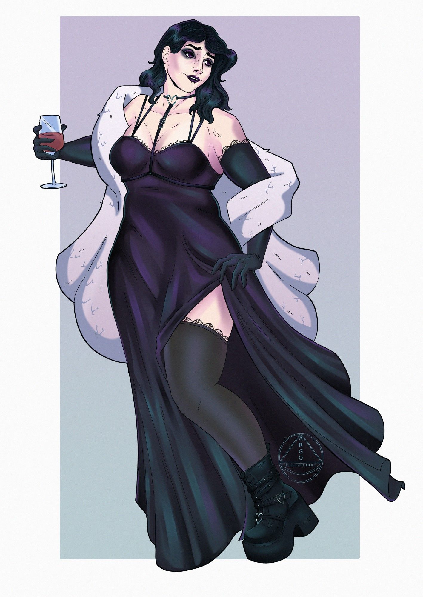 a cute goth girl stands and smiles while holding a glass of wine, her long dress twirling around her. 
she has black hair and dark make up, while wearing a long black dress with blue / purple hues and a large split up the side revealing one leg with a stocking and chunky boot. long gloves cover her arms and white furs drape off of her shoulders.