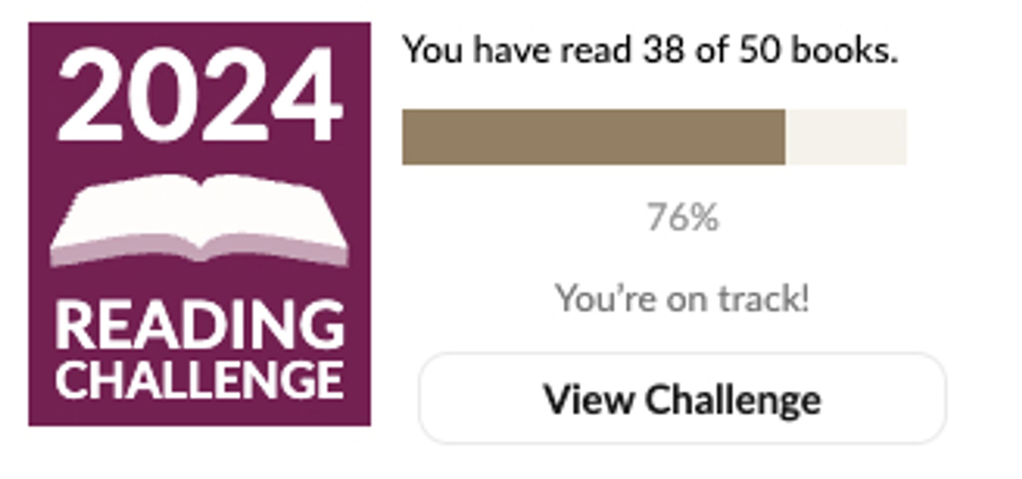 goodreads reading challenge 2024: 38/50 books, 76%, on track